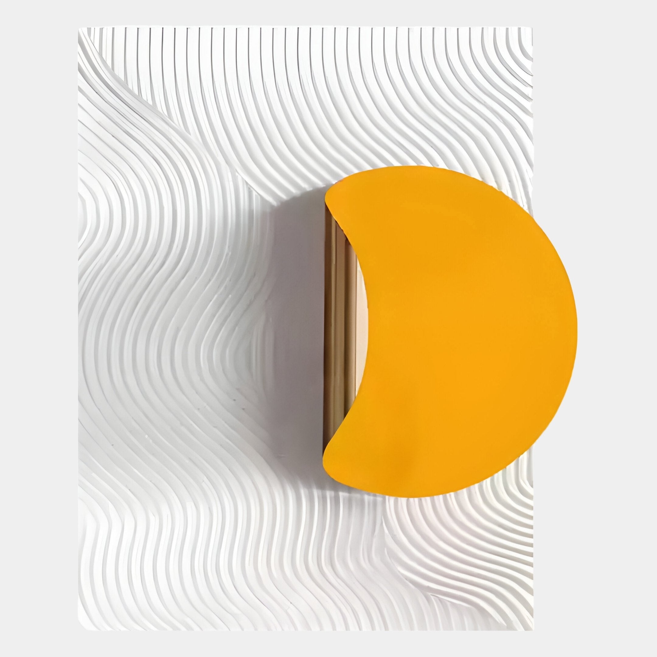 The Solvara Yellow & White Wood Relief 3D Wall Art by Giant Sculptures showcases a yellow semi-circle on a wave-textured panel, bringing modern abstract style to any room.
