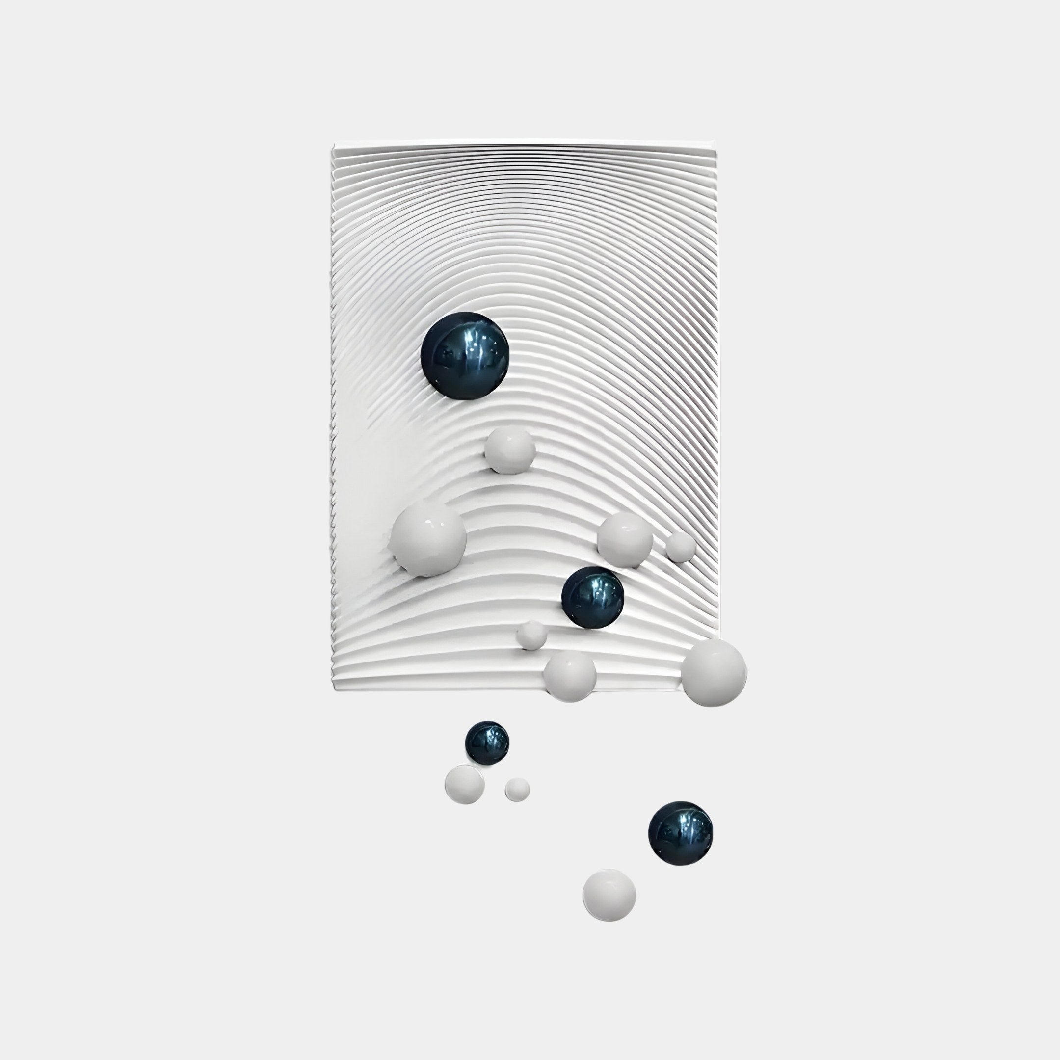 Sphera White 3D Wood Relief Wall Art With Blue & White Metal Ball by Giant Sculptures features a white rectangular surface with concentric ripples and scattered metallic blue and white spheres, creating a dynamic and balanced composition.