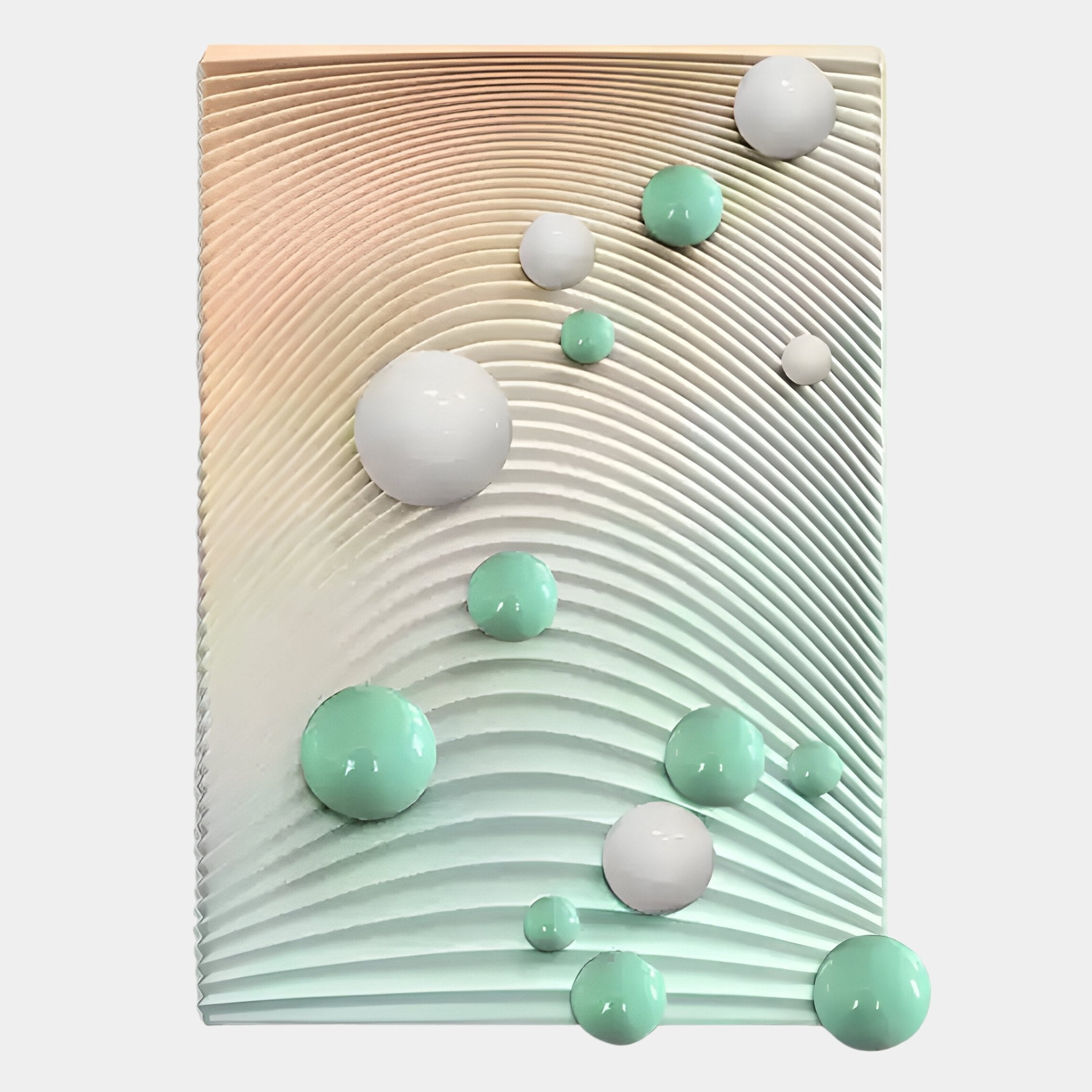 The Sphera Gradient 3D Wood Relief Wall Art by Giant Sculptures showcases raised, curved lines with mint and white metal balls in varying sizes, creating a flowing, wave-like abstract pattern.