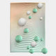 The Sphera Gradient 3D Wood Relief Wall Art by Giant Sculptures showcases raised, curved lines with mint and white metal balls in varying sizes, creating a flowing, wave-like abstract pattern.