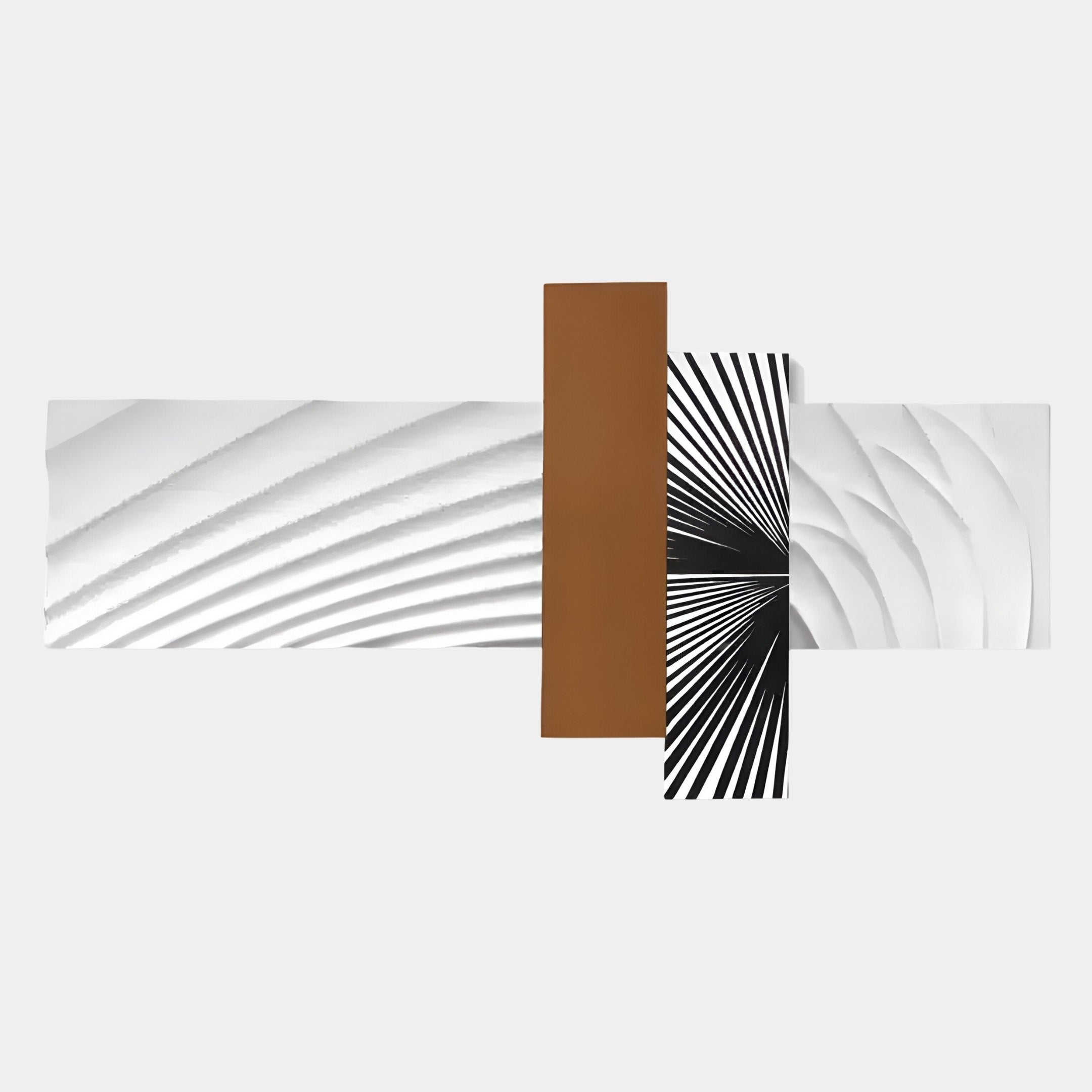 Abstract geometric art with overlapping shapes: white with curved gray lines, a solid brown vertical rectangle, and a black-and-white radial pattern. Axentra Brown & White Geometric Wood Relief 3D Wall Art by Giant Sculptures—perfect for modern interiors.