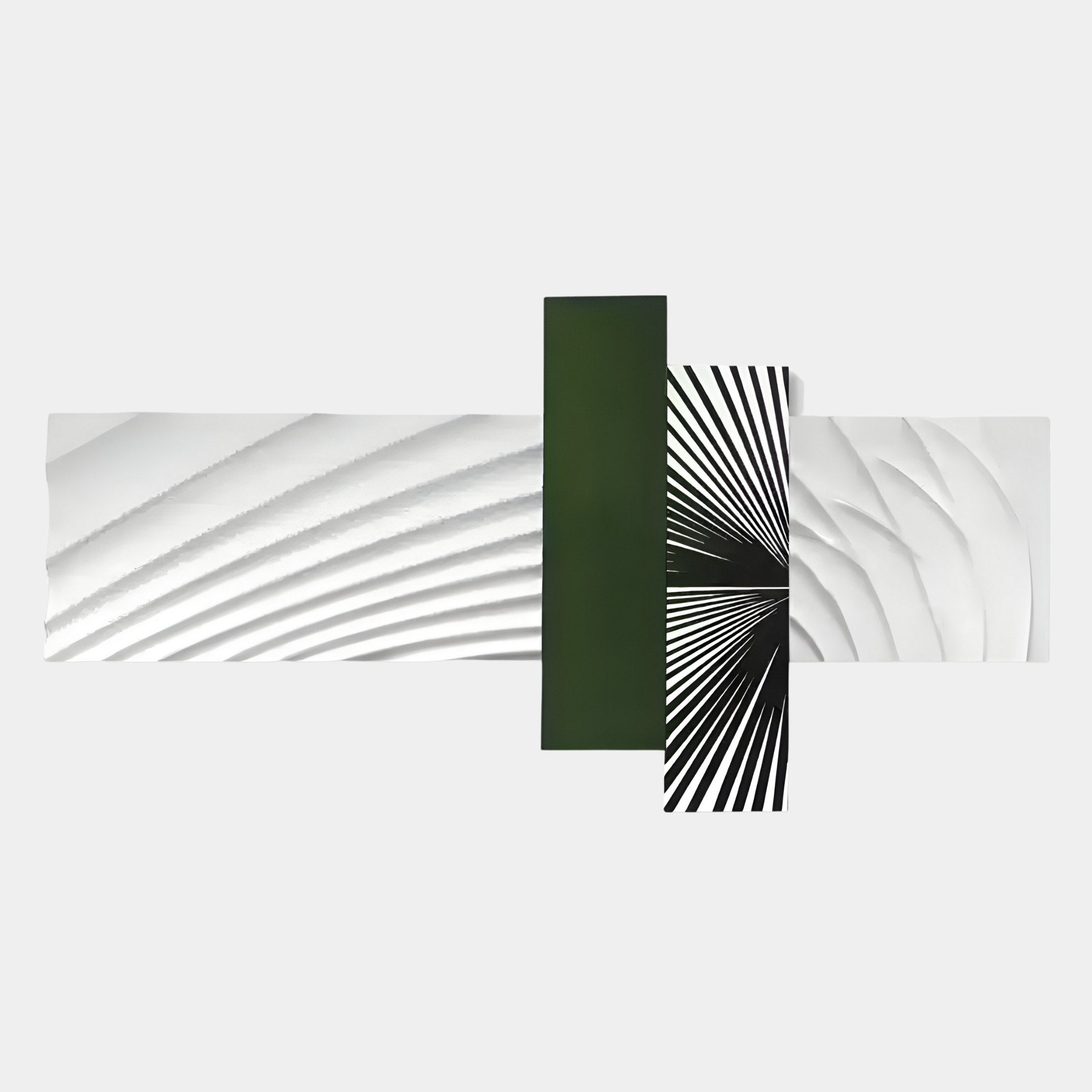 The Axentra Deep Green & White Geometric Wood Relief 3D Wall Art by Giant Sculptures features overlapping rectangles on a white background with curved gray lines and black-and-white segments, perfect for modern interiors.