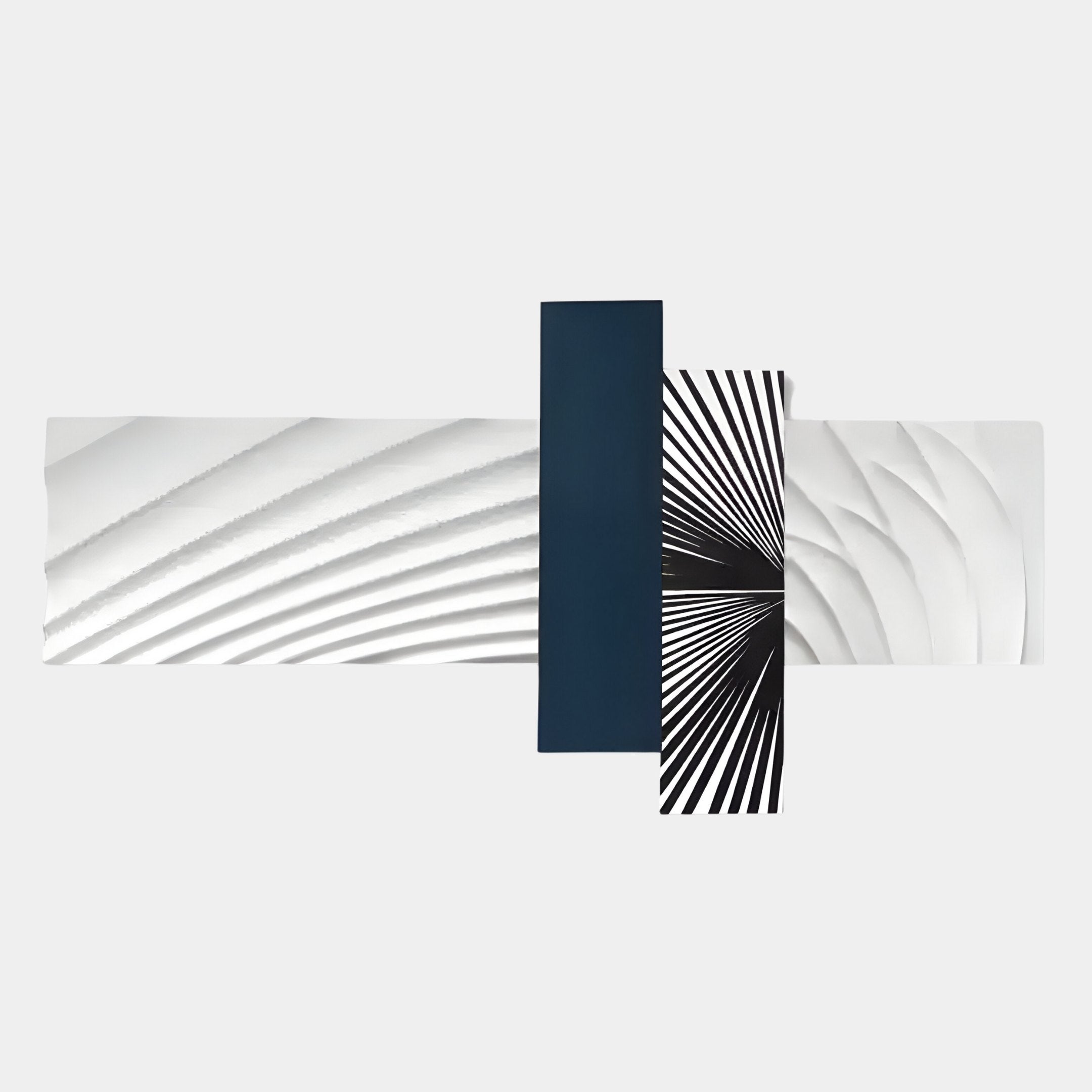 The Axentra Midnight Blue & White Geometric Wood Relief 3D Wall Art by Giant Sculptures features abstract, overlapping rectangles—white with curved shadows, a midnight blue bar, and bold black-and-white lines—perfect for light gray walls.