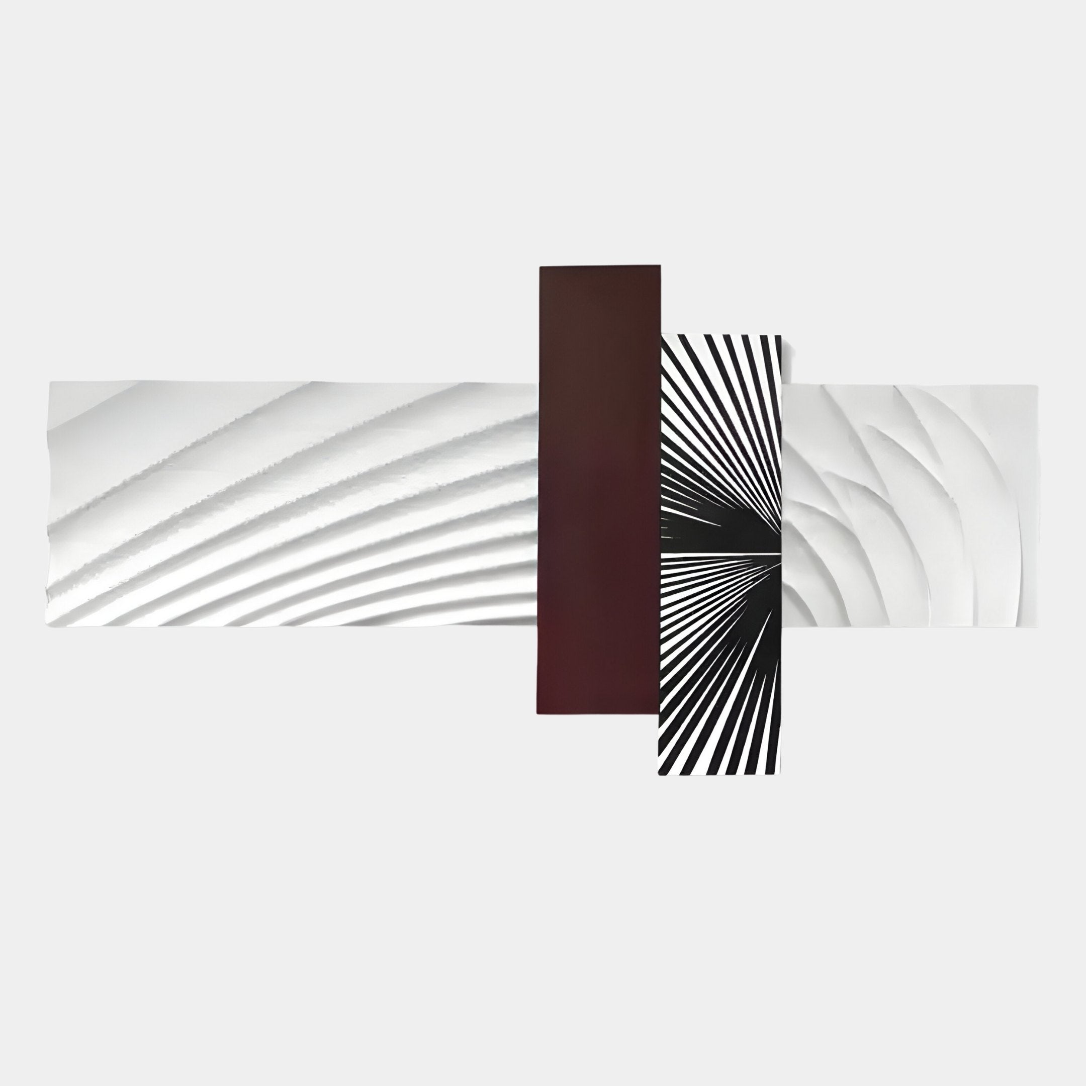The Axentra Burgundy & White Geometric Wood Relief 3D Wall Art by Giant Sculptures features overlapping rectangles with unique patterns—ideal for modern interiors.