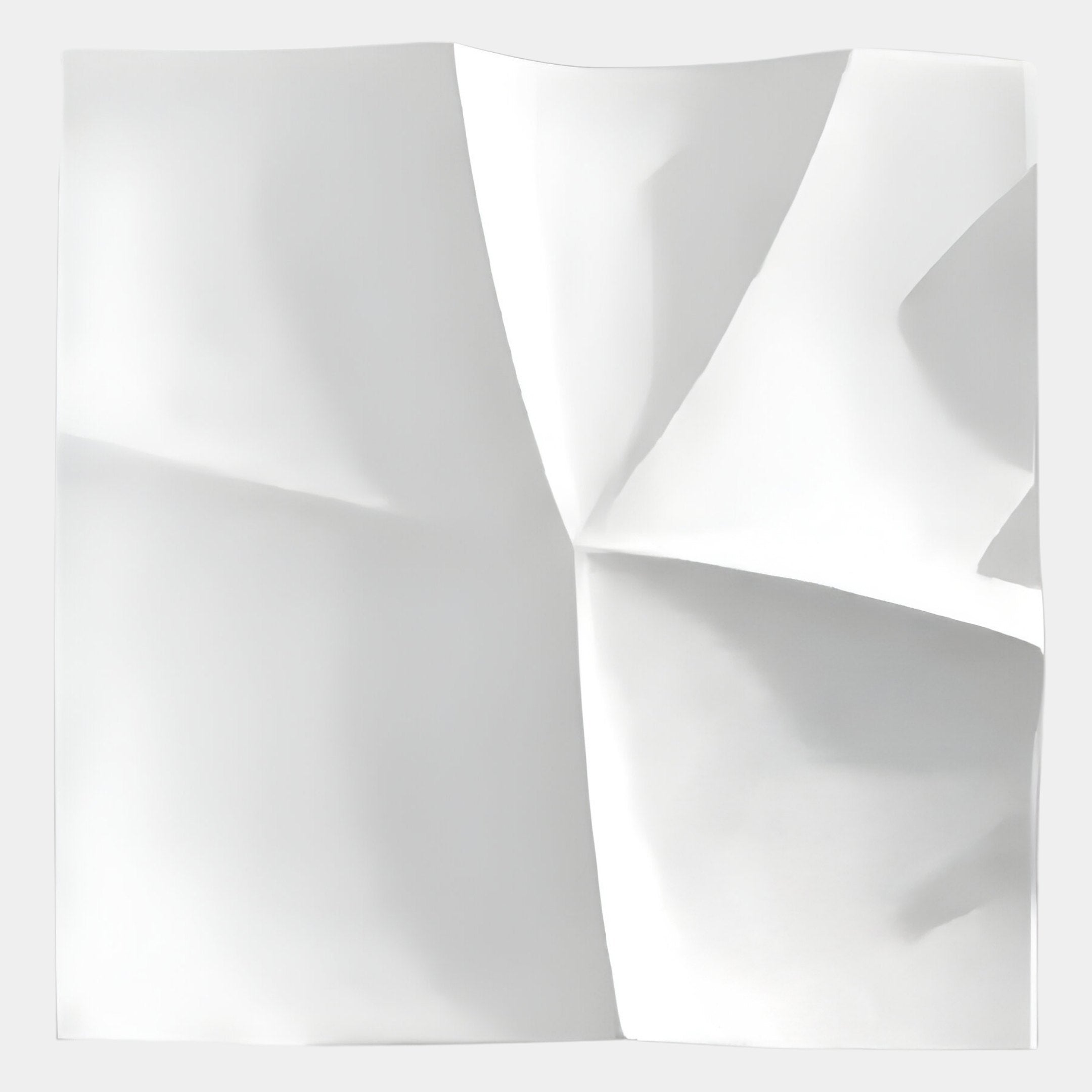 A sheet of white paper with pronounced creases evokes the Tessara I White 3D Wood Relief Wall Art by Giant Sculptures, its angular shadows adding a modern accent to any plain, light background.