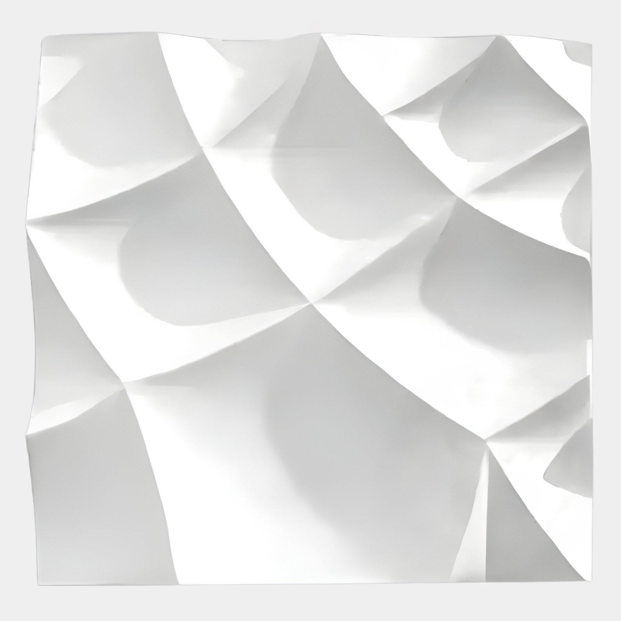 Abstract image of a white 3D surface with a geometric pattern, echoing the curved and angular forms of Tessara II White 3D Wood Relief Wall Art by Giant Sculptures, with dynamic shadows and highlights.