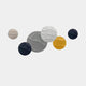 The Orbita 6-Set Circular Neutral Grey 3D Wood Relief Wall Art by Giant Sculptures features six crumpled paper circles in white, gray, beige, yellow, and black on a light background. Ideal for interior decoration to enhance any space.