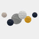 The Giant Sculptures Orbita 6-Set Circular Neutral Grey 3D Wood Relief Wall Art features textured, overlapping circles in gray, white, cream, gold, and navy on a light background with a patterned, crumpled surface for added depth.