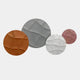 The Giant Sculptures Orbita 4-Set Circular Rust & Blush 3D Wood Relief Wall Art features orange, gray, white, and mauve panels with wavy textures that overlap on a white background for a bold modern statement.
