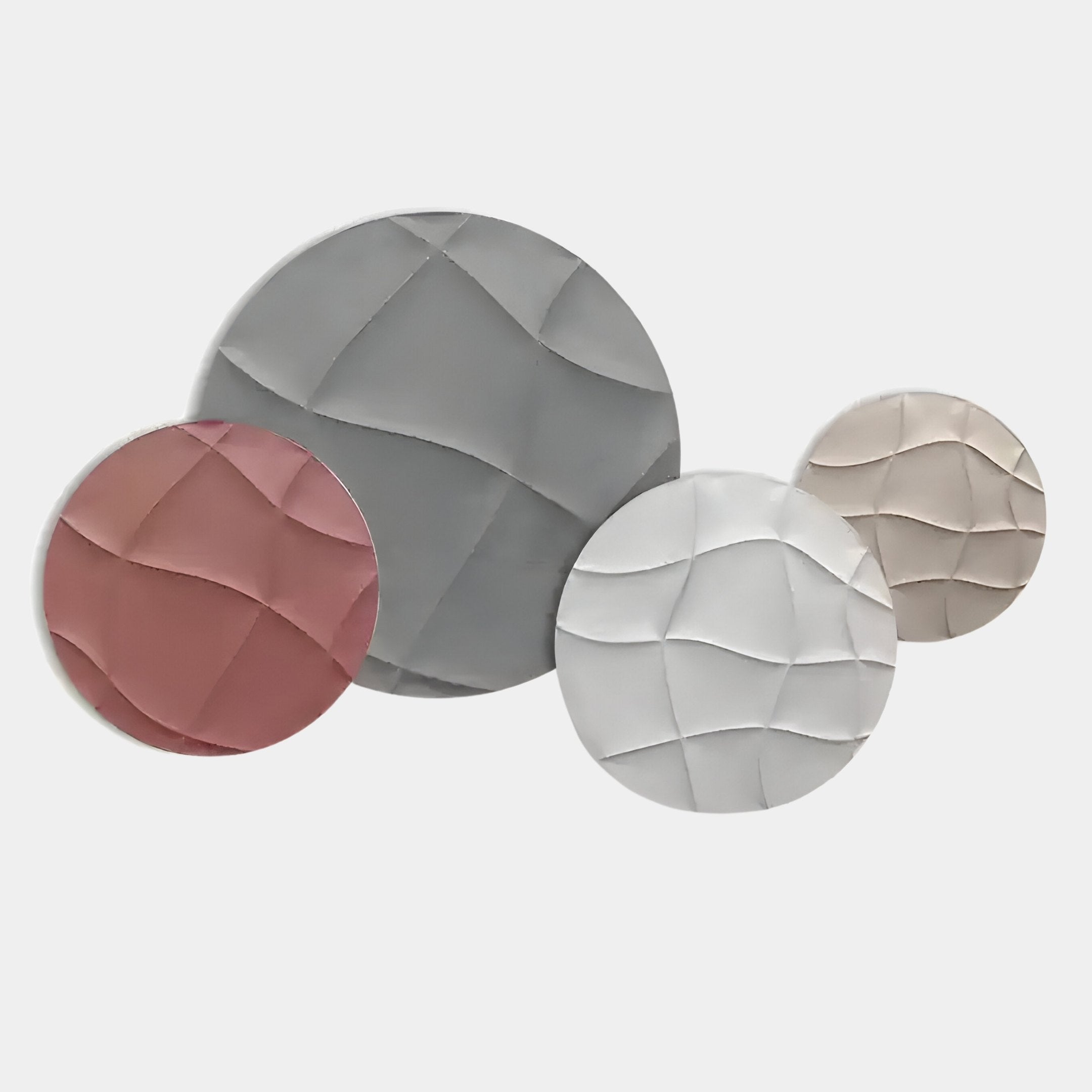 The Orbita 4-Set Circular Blush & Ivory 3D Wood Relief Wall Art by Giant Sculptures features overlapping gray, rose pink, white, and beige panels with a wavy quilted pattern on a plain white background.