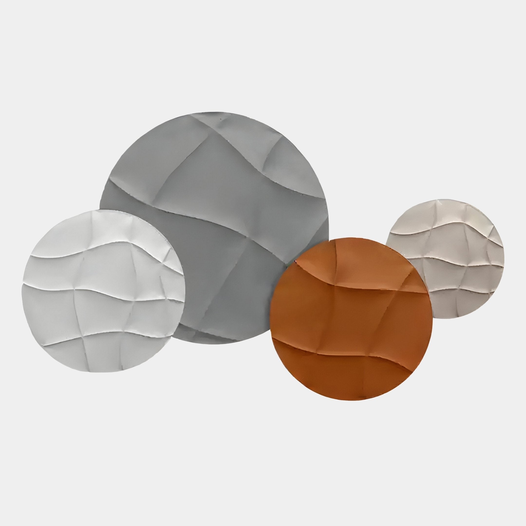 The Giant Sculptures Orbita 4-Set Circular Sand & Rust 3D Wood Relief Wall Art features four overlapping panels in gray, white, tan, and rust with wavy textures, displayed on a white background.