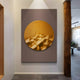 The Solivis Amber 3D Wood Relief Wall Art by Giant Sculptures showcases a large hand-painted golden circle with abstract patterns on a gray background, enhancing minimalist interiors with neutral walls and a wooden column, adding depth to the space.