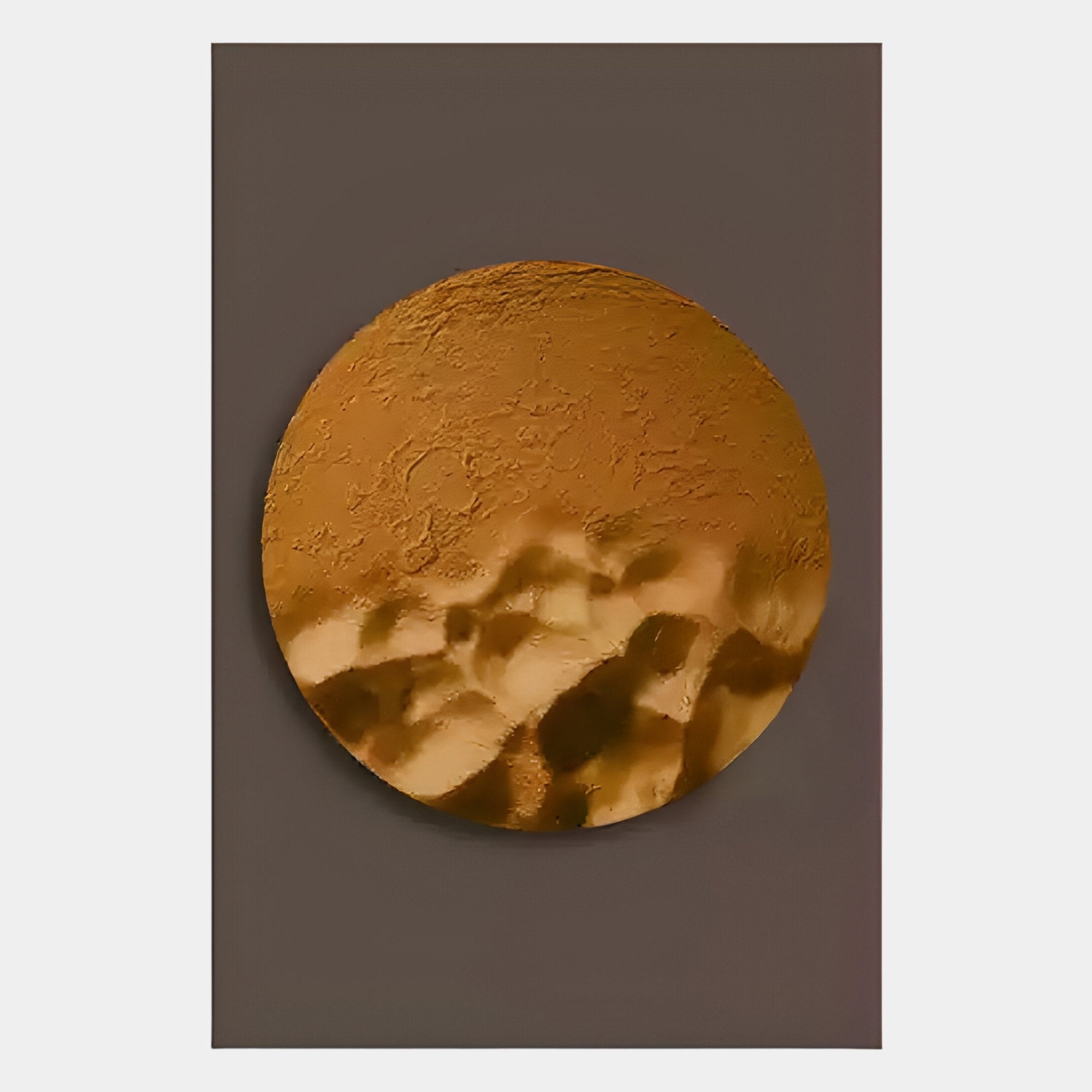 The Solivis Amber 3D Wood Relief Wall Art by Giant Sculptures features a large, textured golden circle on a dark brown rectangular base—an impressive hand-painted wood piece perfect as striking indoor wall decor.
