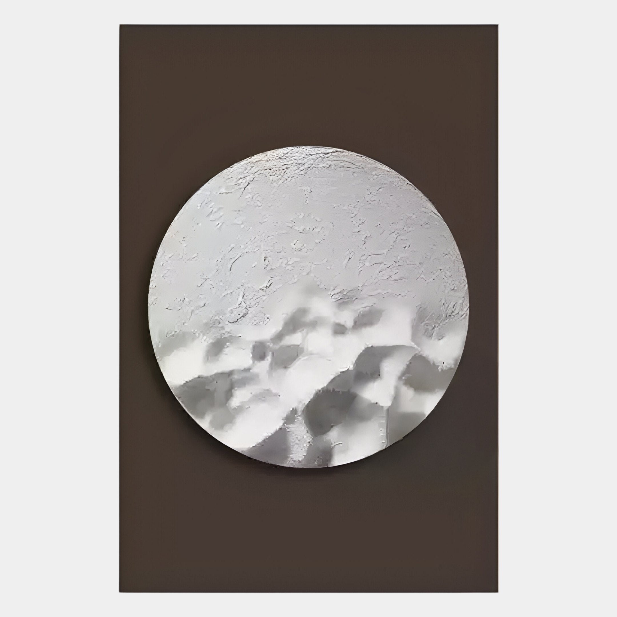 The Solivis Arctic 3D Wood Relief Wall Art by Giant Sculptures features a round, textured design reminiscent of frosted surfaces, centered on a dark rectangle for bold contrast and showcasing abstract patterns with dynamic shadows.