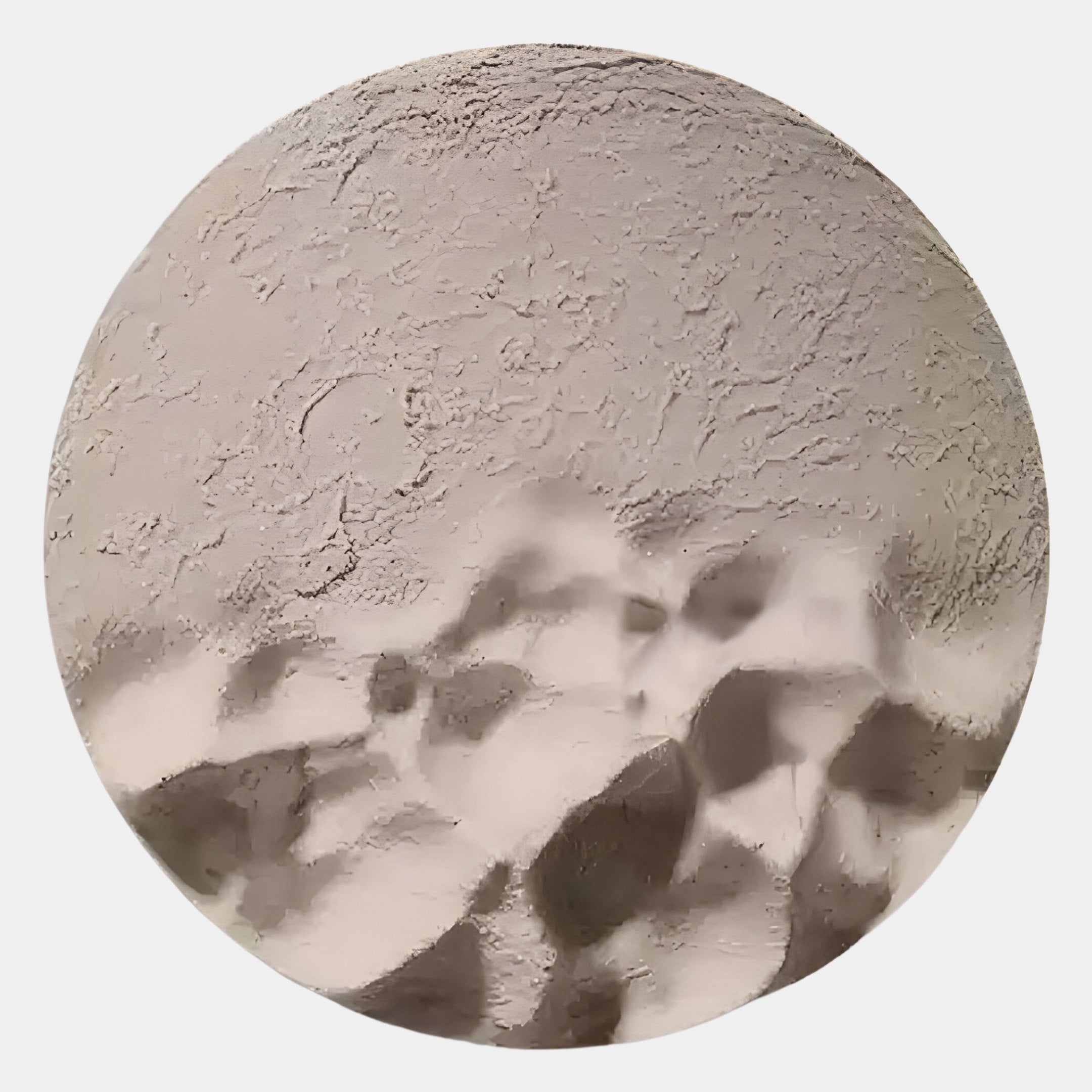 The Solivis Sand Round 3D Wood Relief Wall Art by Giant Sculptures features a textured, cratered surface reminiscent of a dusty moon, creating a striking, nature-inspired accent against any plain white background.