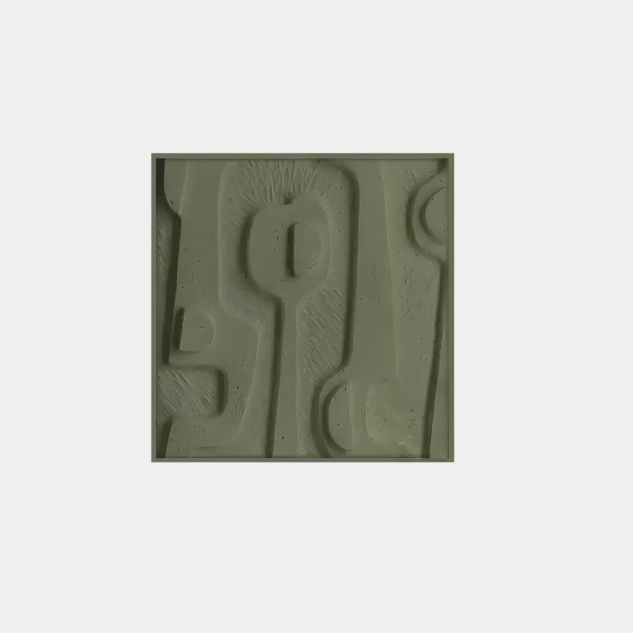 The Terravura Square Olive Green I 3D Wood Relief Wall Art by Giant Sculptures is a square, abstract piece featuring organic shapes and lines. Its textured surface in muted olive green showcases curves and vertical forms, adding depth with shadows to enhance its nature-inspired relief presence.