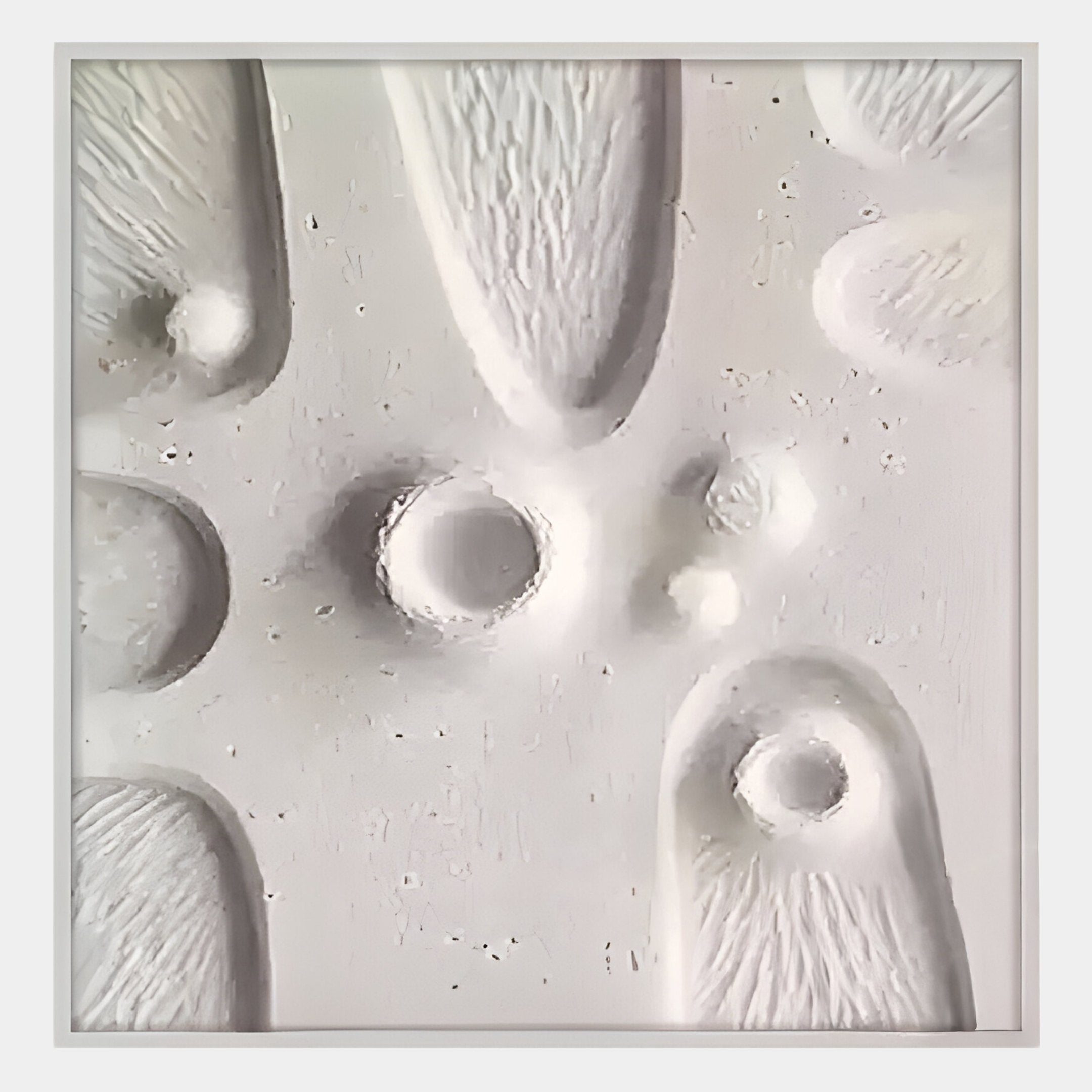 Terravura Square Soft White II 3D Wood Relief Wall Art by Giant Sculptures features a white textured surface with raised and indented circles, creating an abstract sculptural look ideal for minimalist décor and framed by a slim border.