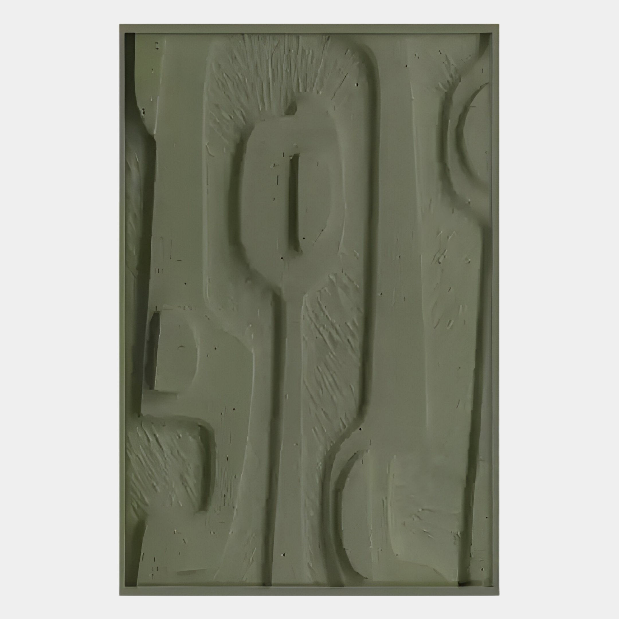 The Terravura Rectangular Olive Green I 3D Wood Relief Wall Art by Giant Sculptures features textured, abstract raised and indented shapes and lines in muted olive green, creating a striking geometric panel.