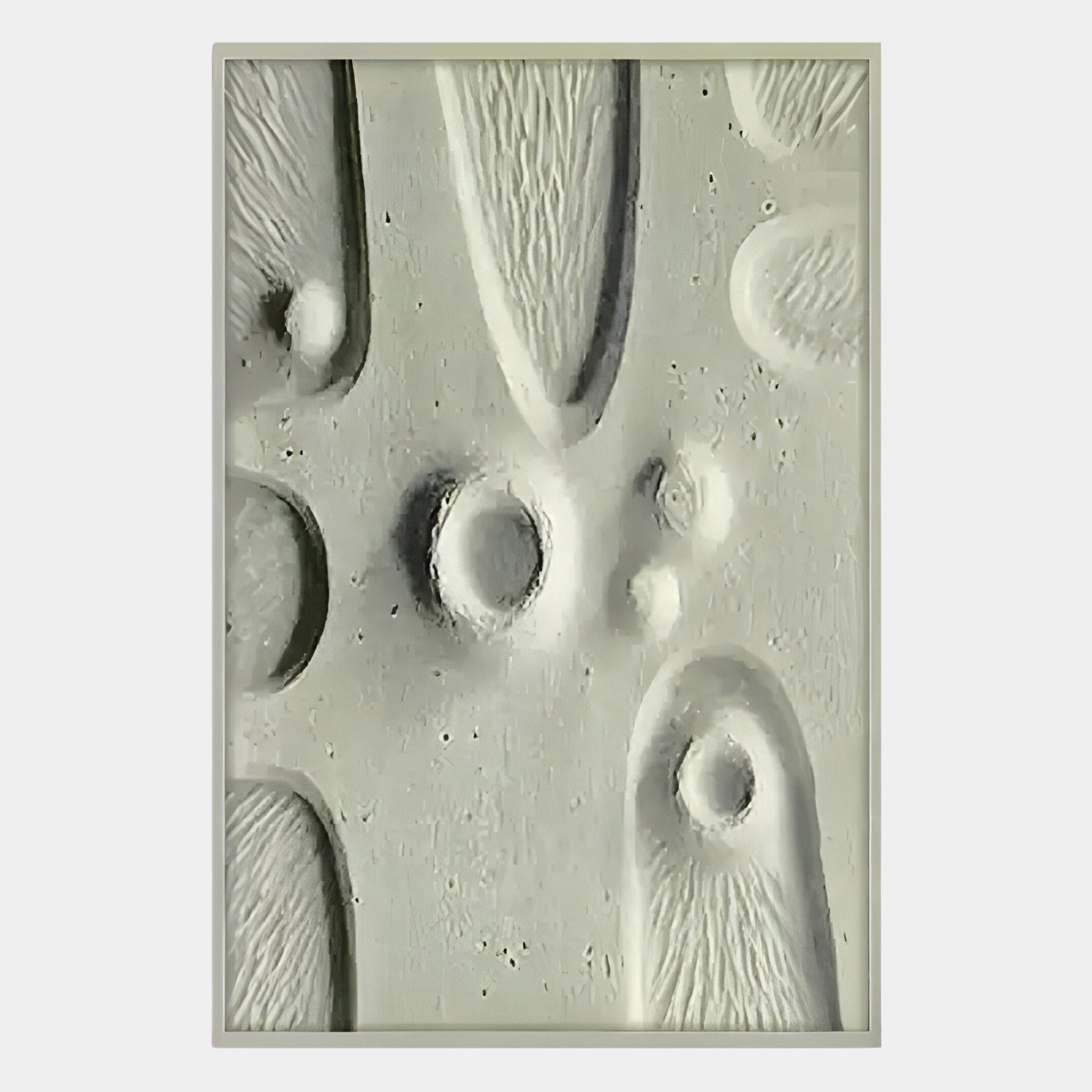 Terravura Rectangular Sage Green II 3D Wood Relief Wall Art by Giant Sculptures features raised and indented oval and circular shapes in light gray—ideal for minimalist decor as organic, modern sage green wall art.
