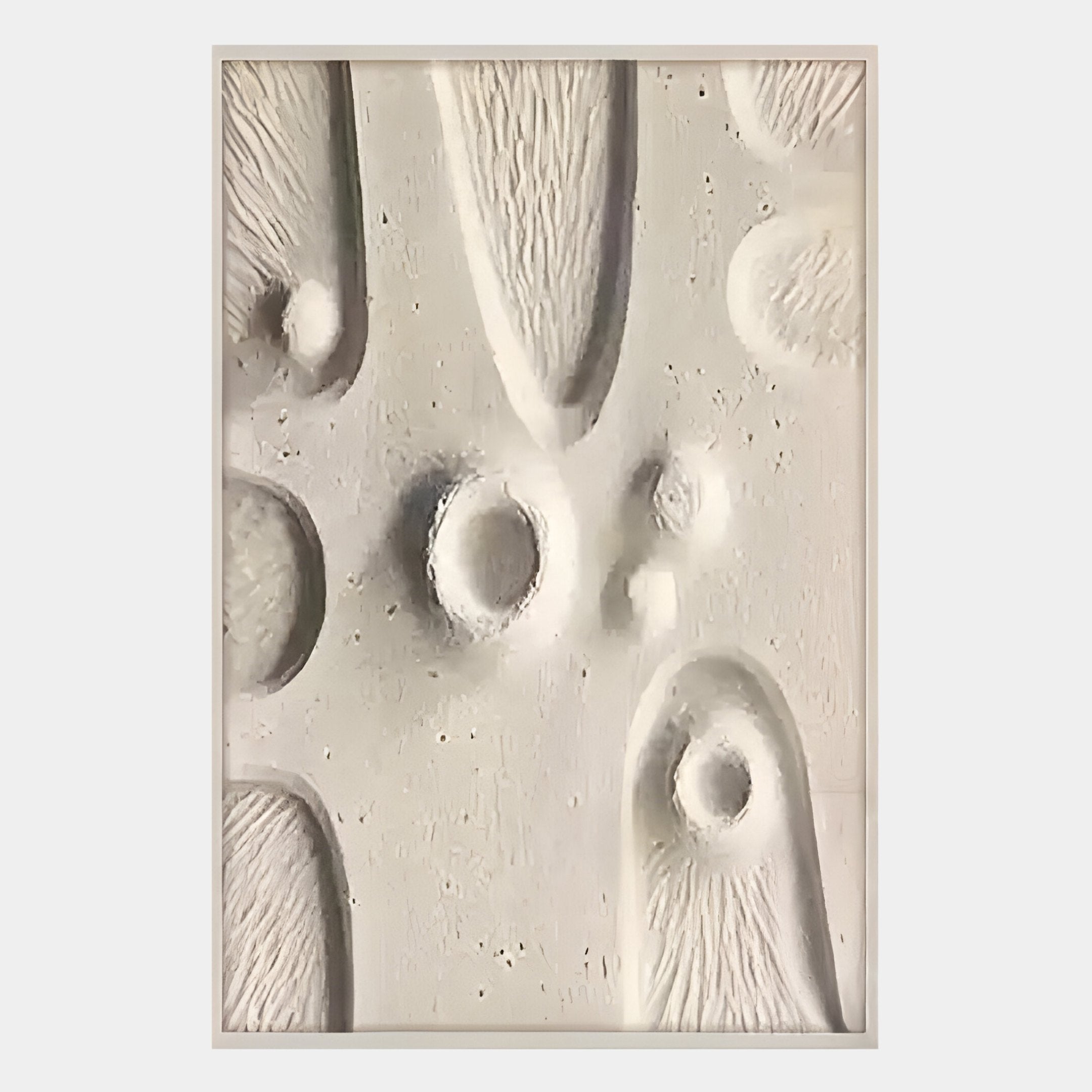 The Terravura Rectangular Sandstone II 3D Wood Relief Wall Art by Giant Sculptures features textured white rectangular panels with raised and indented organic circular and oval forms, evoking abstract natural patterns like sandstone.