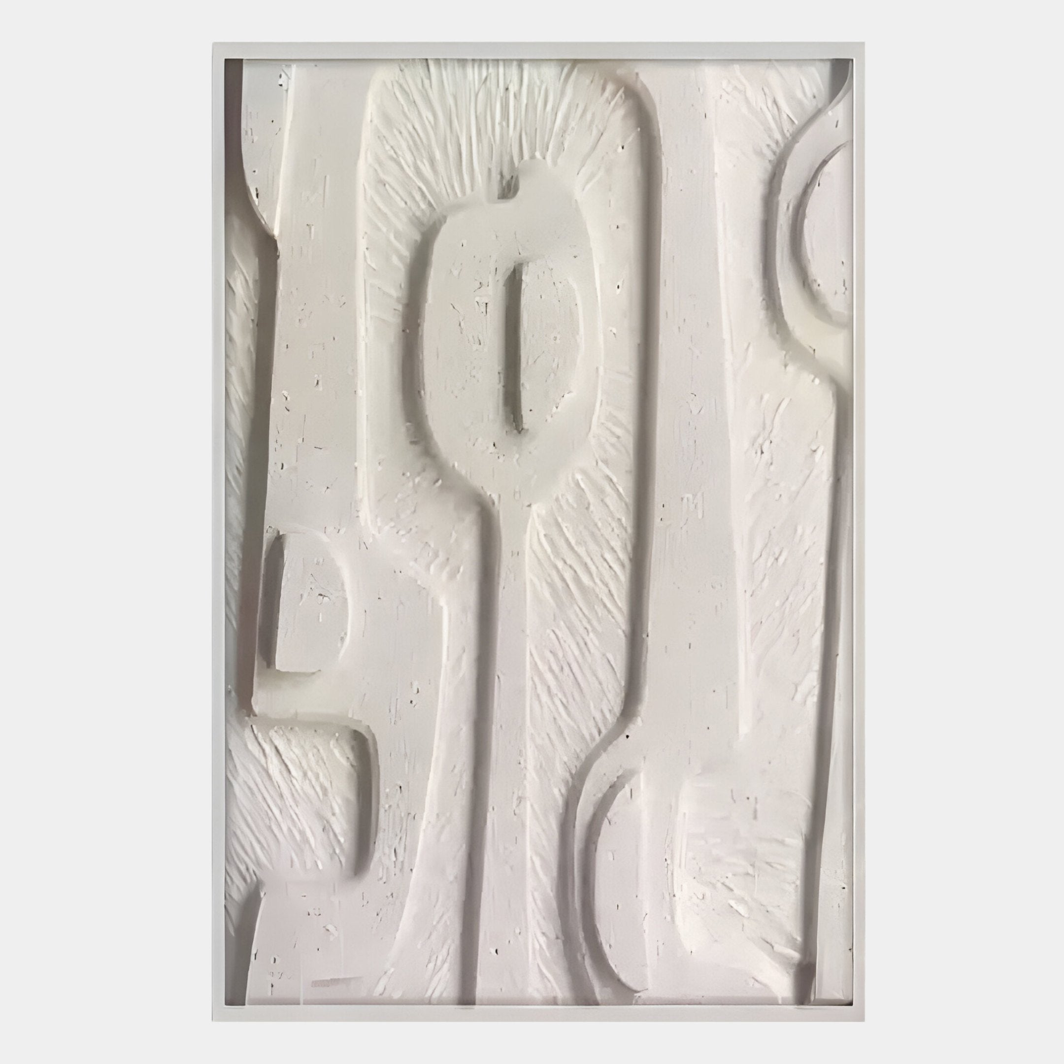 The Terravura Rectangular Soft White I 3D Wood Relief Wall Art by Giant Sculptures features a central oval with radiating lines and geometric patterns, creating striking minimalist decor for your space.