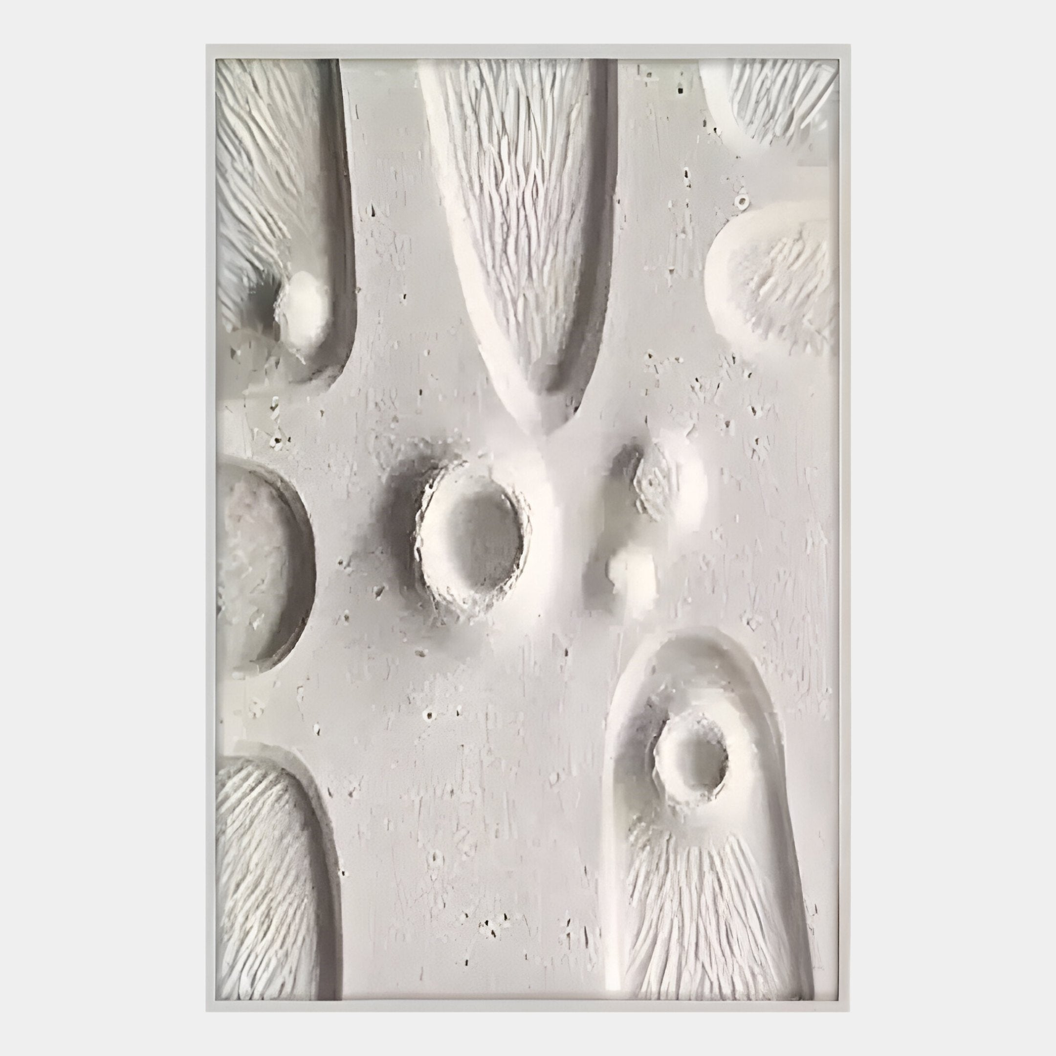 The Terravura Rectangular Soft White II 3D Wood Relief Wall Art by Giant Sculptures features textured oval, circular, and elongated forms with a modern look, all framed in a slim border for contemporary elegance.