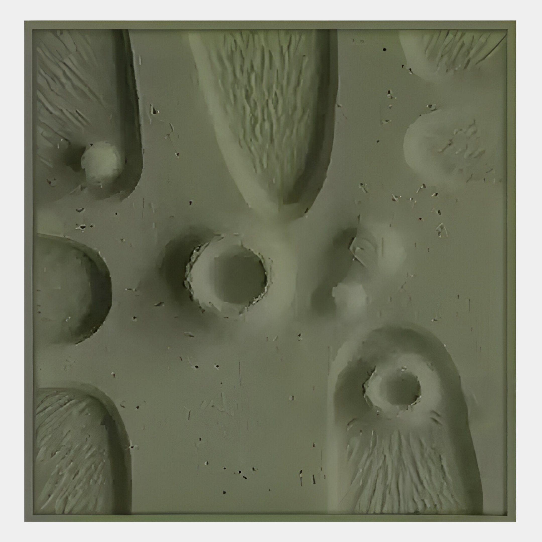 The Terravura Square Olive Green II 3D Wood Relief Wall Art by Giant Sculptures features an olive green, textured surface with raised and indented shapes—an eye-catching piece ideal for distinctive indoor décor.