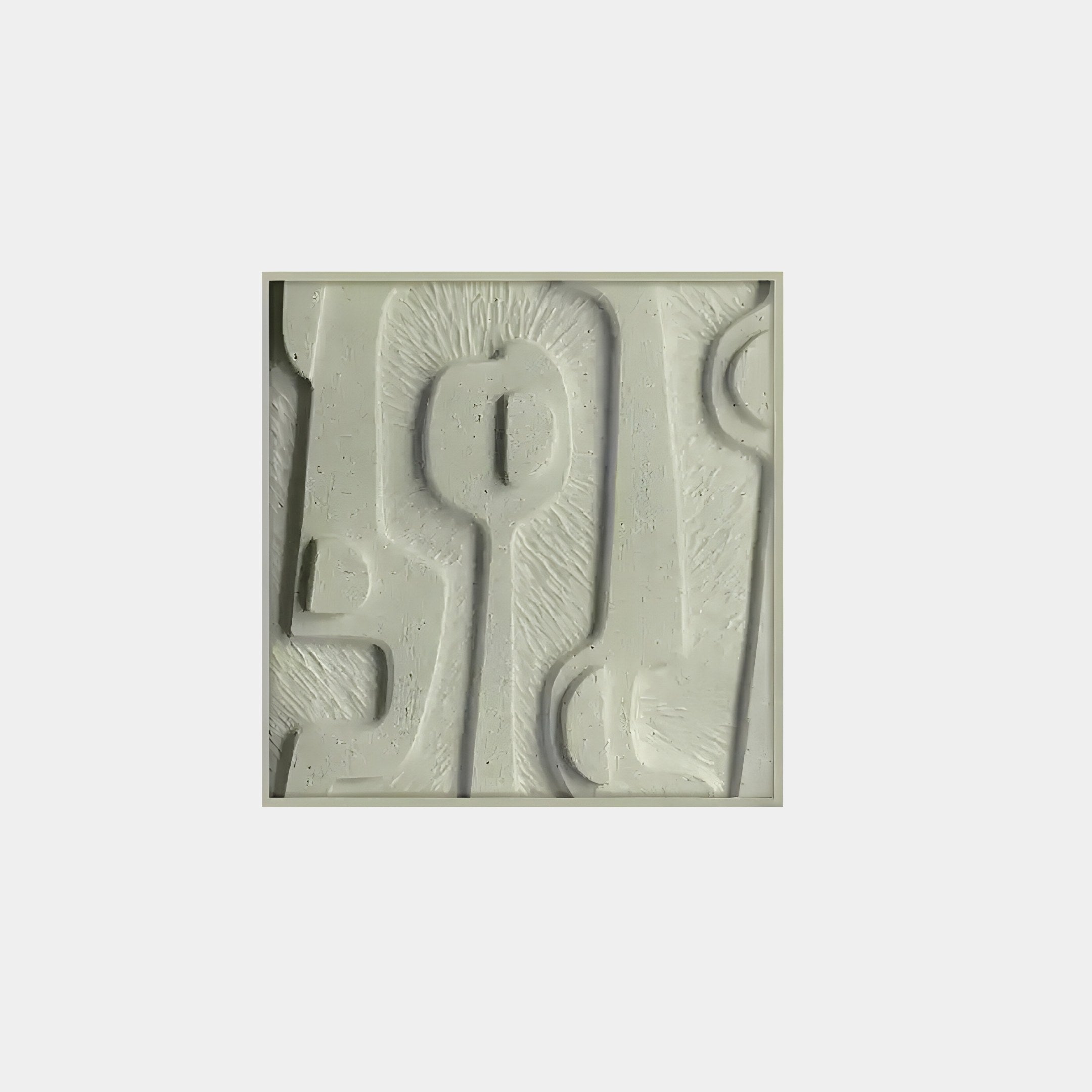 The Terravura Square Sage Green I 3D Wood Relief by Giant Sculptures features abstract embossed lines and shapes on a pale, off-white background with a thin border. This minimalist decor piece subtly incorporates 3D wood elements for contemporary flair.