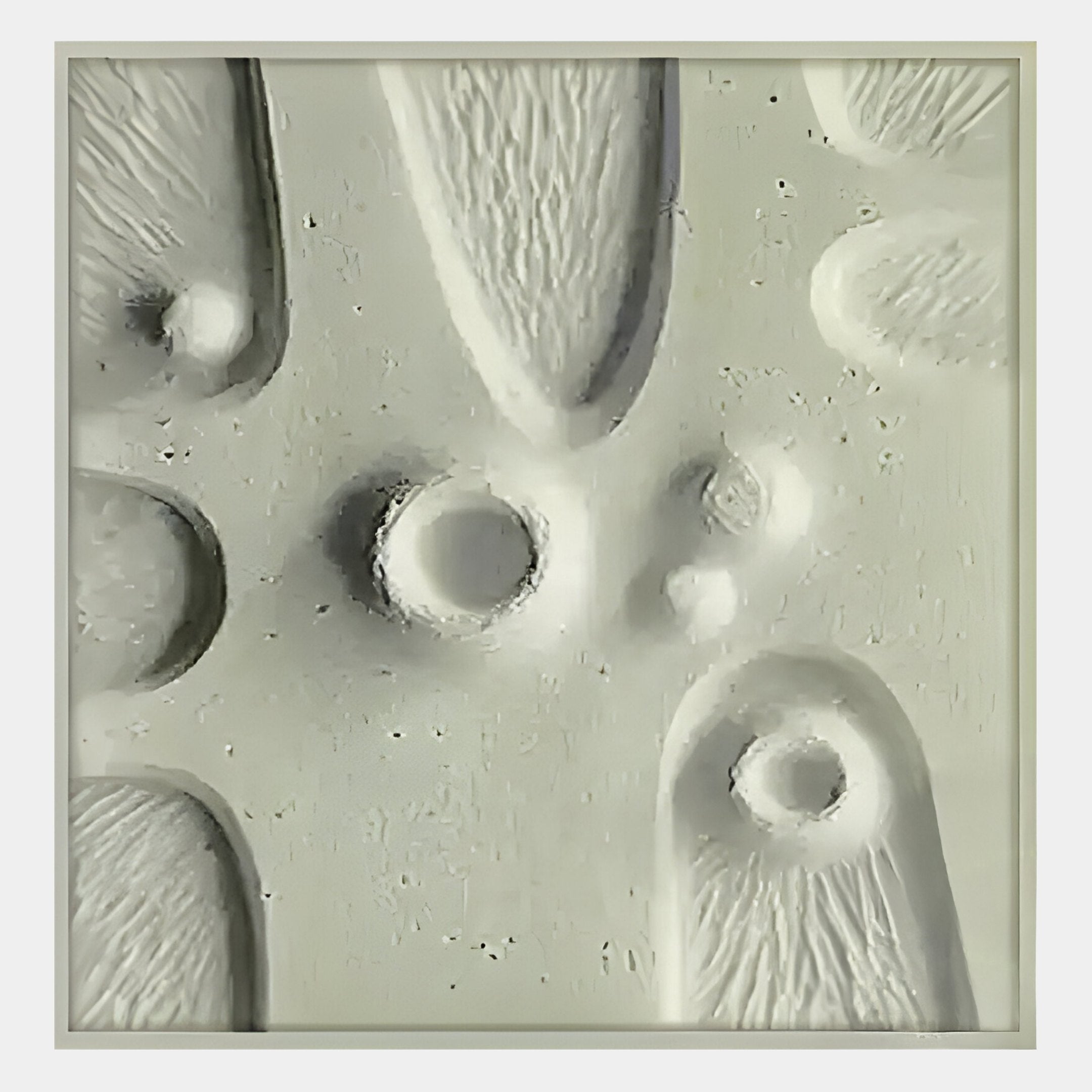 Terravura Square Sage Green II 3D Wood Relief Wall Art by Giant Sculptures features a textured white surface with raised abstract shapes, framed by a slim border—perfect for minimalist interiors or as a unique accent piece.