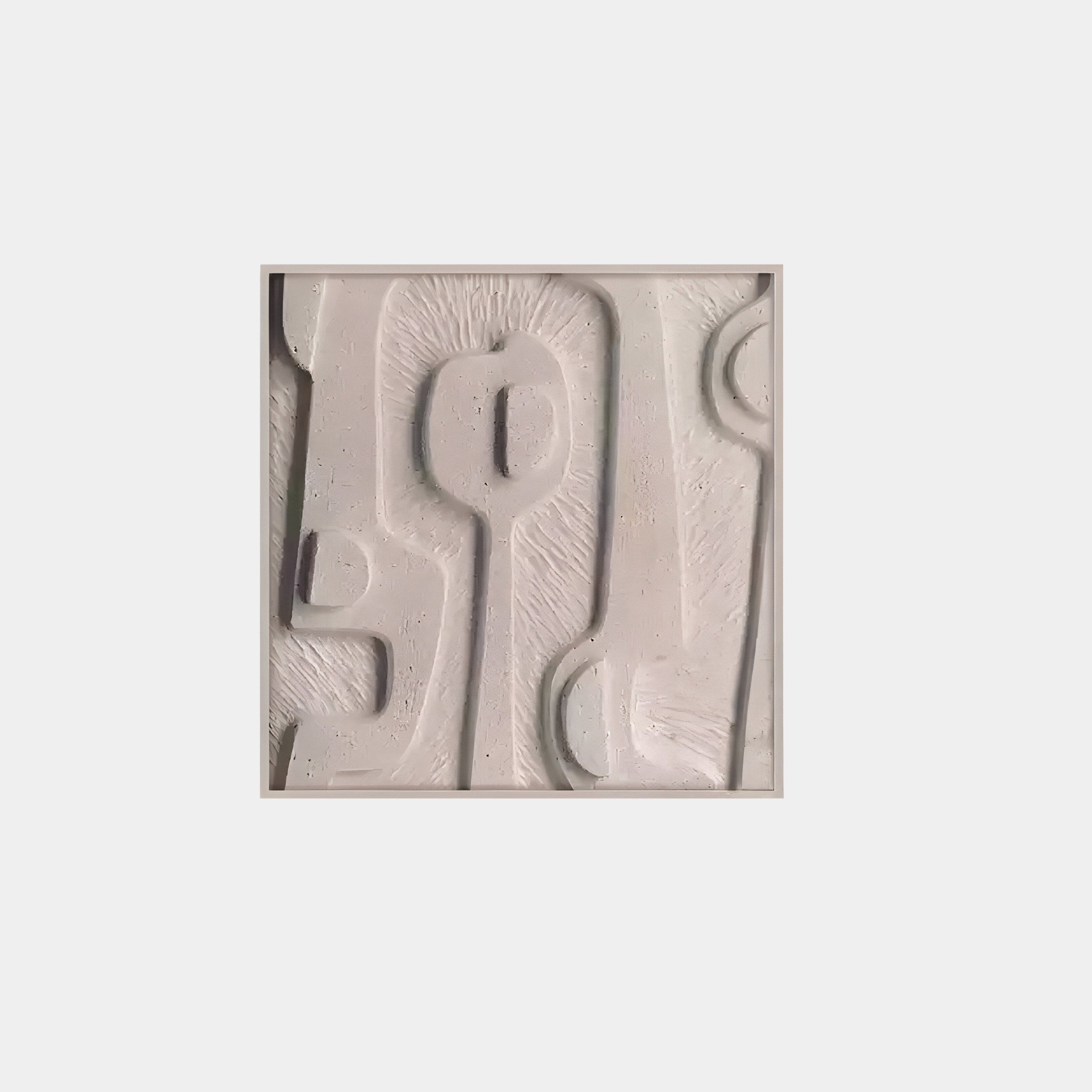 The Terravura Square Warm Beige I 3D Wood Relief Wall Art by Giant Sculptures features textured, wavy patterns and raised organic forms. Set in a square frame against a beige background, this minimalist piece combines smooth and rough surfaces for depth and shadow.