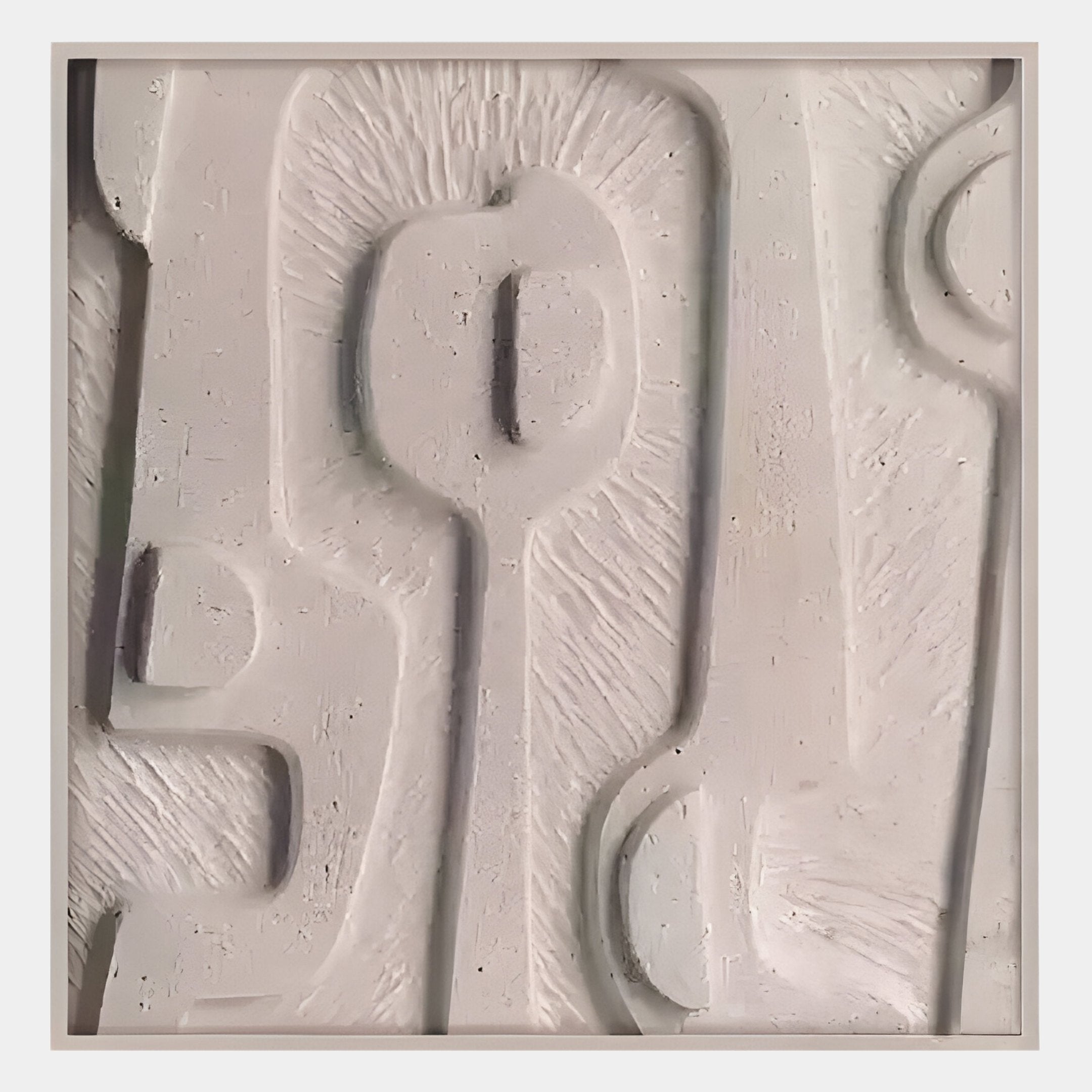 The Terravura Square Warm Beige I 3D Wood Relief Wall Art by Giant Sculptures features raised, textured shapes and lines on a hand-painted surface, creating a modern geometric look in warm beige tones within a square frame.