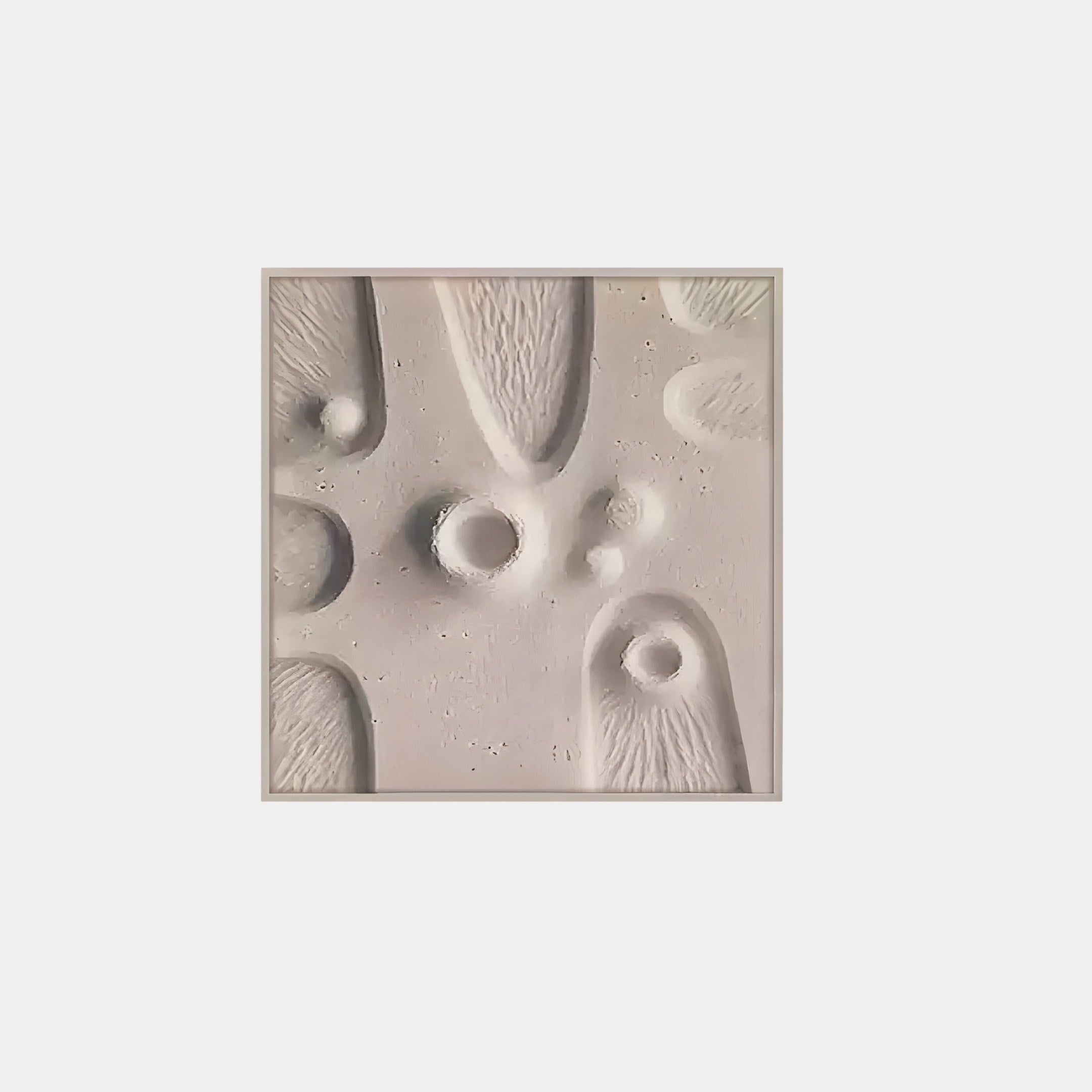 The Terravura Square Warm Beige II 3D Wood Relief Wall Art by Giant Sculptures features a textured, fur-like design with circular raised patterns on a light surface, framed simply, adding calm to any space.