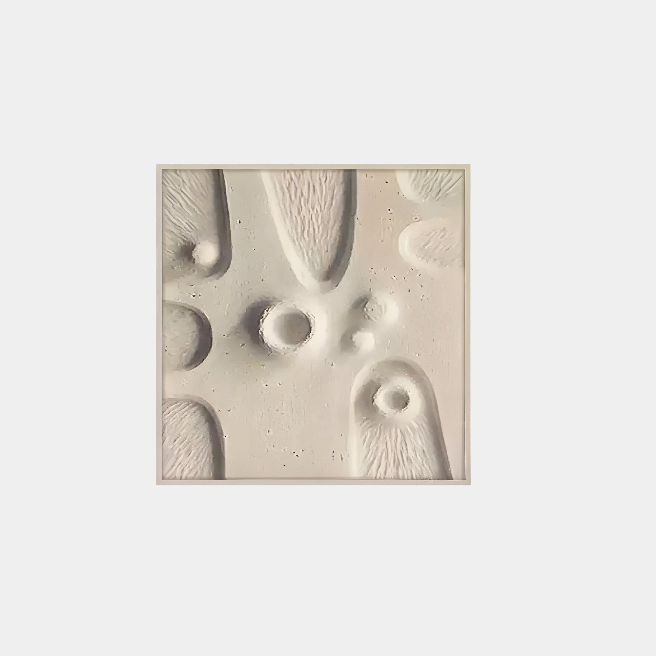 The Terravura Square Sandstone II 3D Wood Relief Wall Art by Giant Sculptures features organic, raised crater-like shapes and elongated forms. Its textured white appearance, sandstone finish, and subtle shadows add depth and movement, while the light-colored frame enhances its neutral tones.