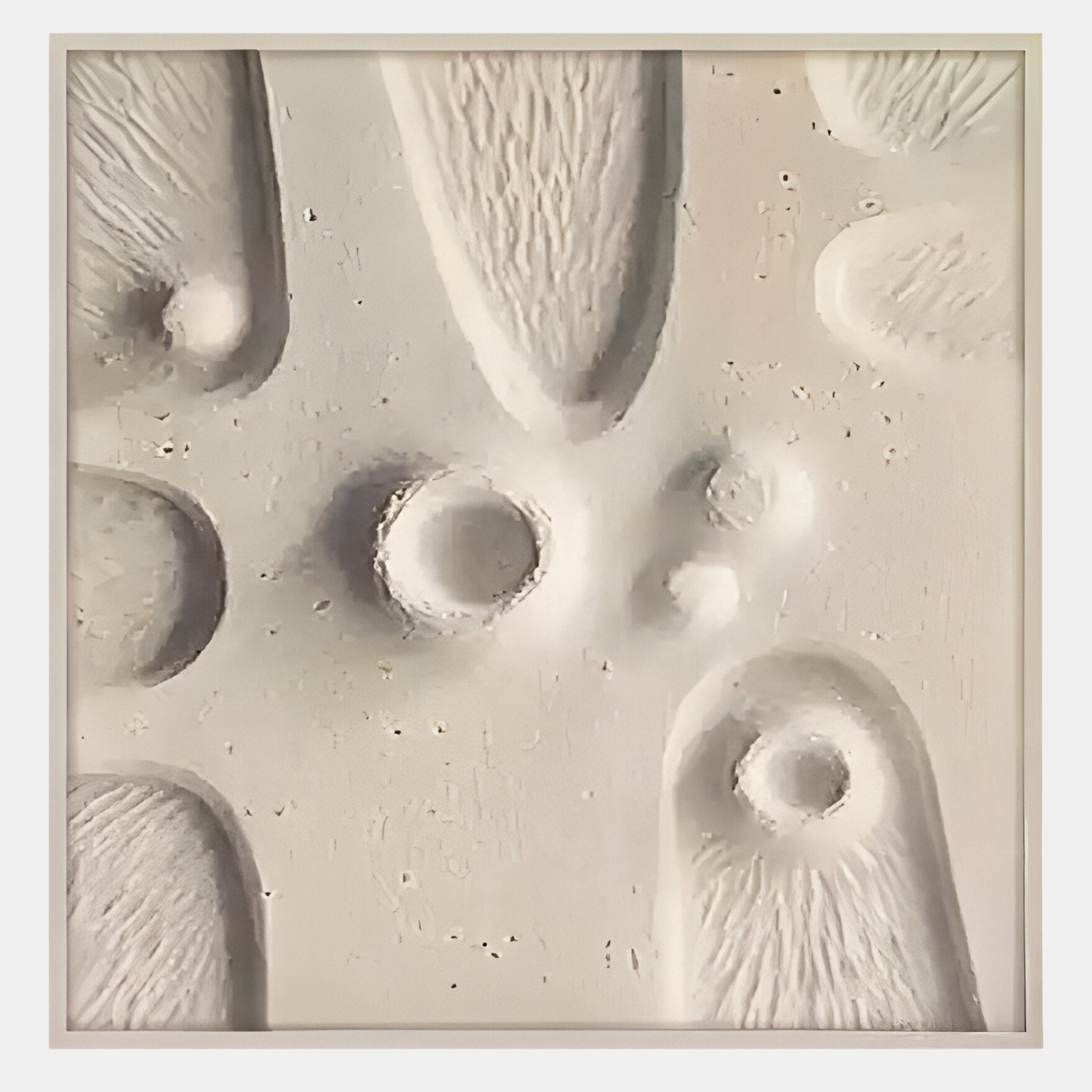 Terravura Square Sandstone II 3D Wood Relief Wall Art by Giant Sculptures features finely detailed, matte white relief with rounded and elongated raised shapes, creating a striking piece of abstract minimalist decor.
