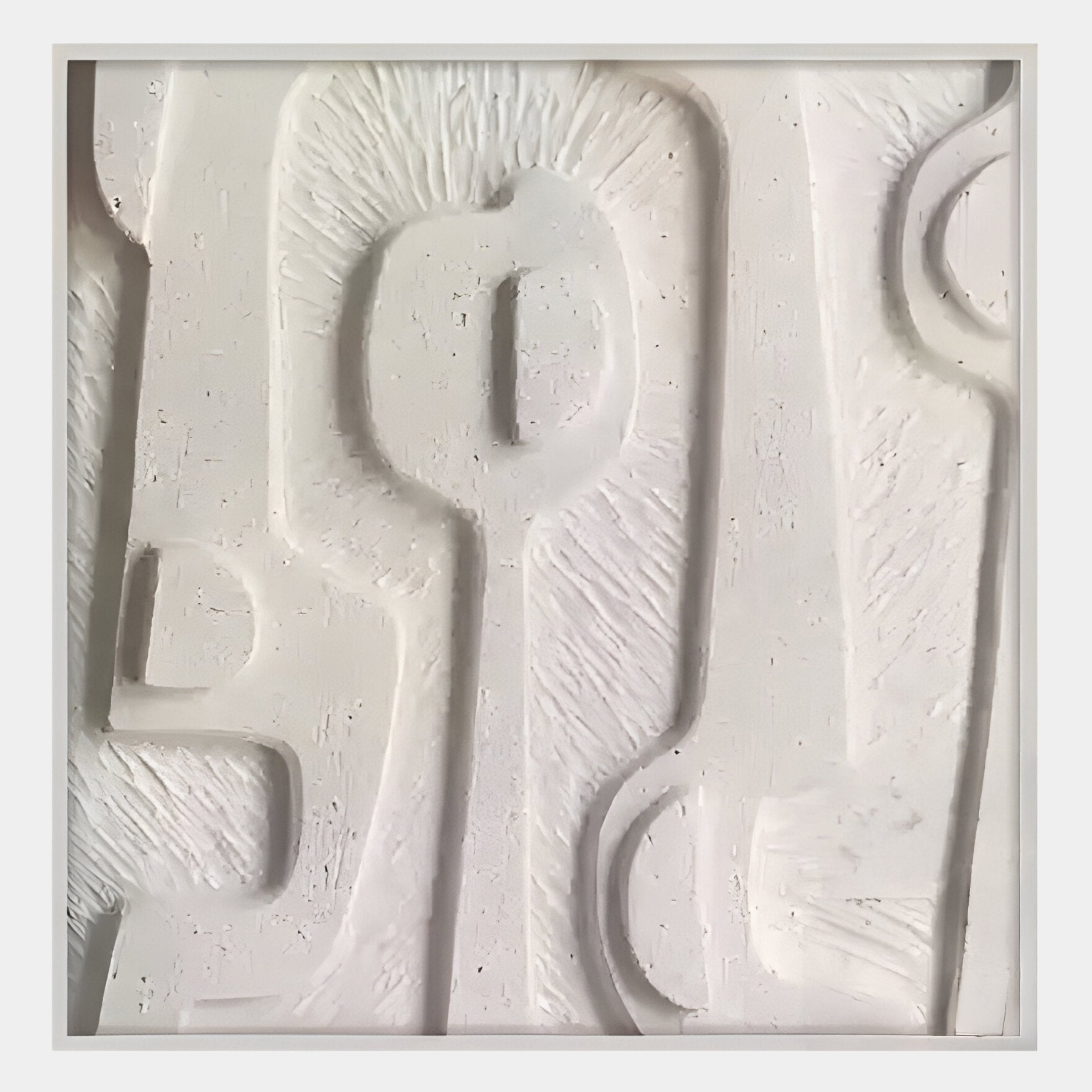 Terravura Square Soft White I 3D Wood Relief Wall Art by Giant Sculptures features a textured white surface with abstract raised geometric and organic shapes, varied depths, and subtle roughness for striking visual interest.