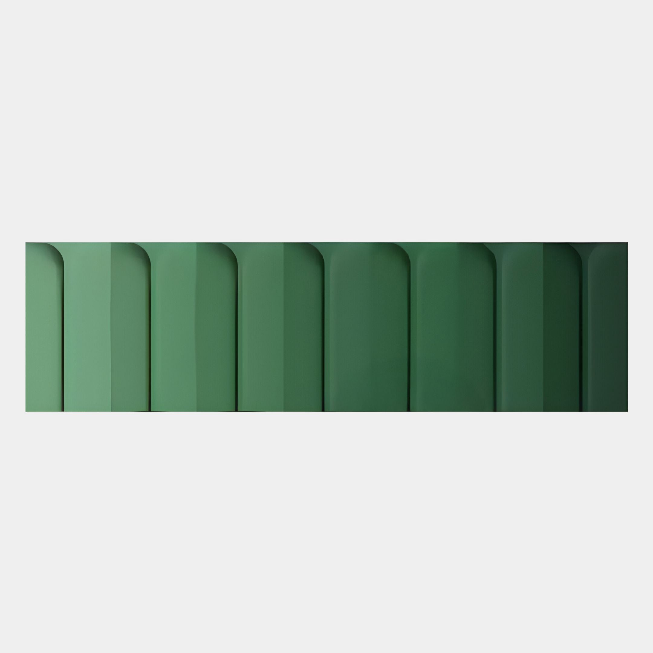The Vireus Green Single Panel 3D Wood Relief Wall Art by Giant Sculptures features vertical rectangular green tiles with rounded tops, lined up against a white background for striking, modern wall decor.