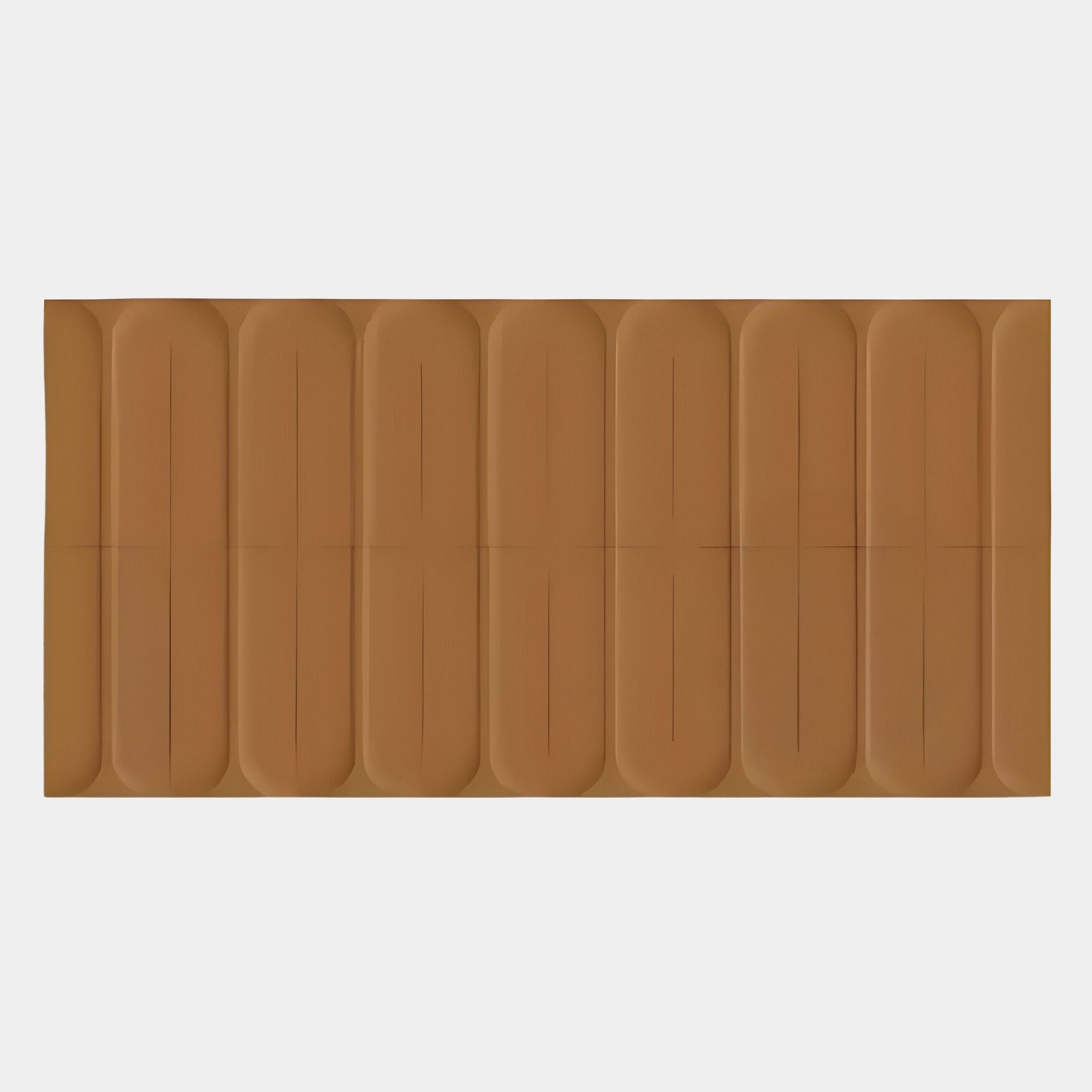 A Vireus Bronze 3D Wood Relief Wall Panel by Giant Sculptures, rectangular with eight vertical, rounded reliefs, viewed from above on a white background, echoes the structured design and subtle textured bronze hue of an air mattress.