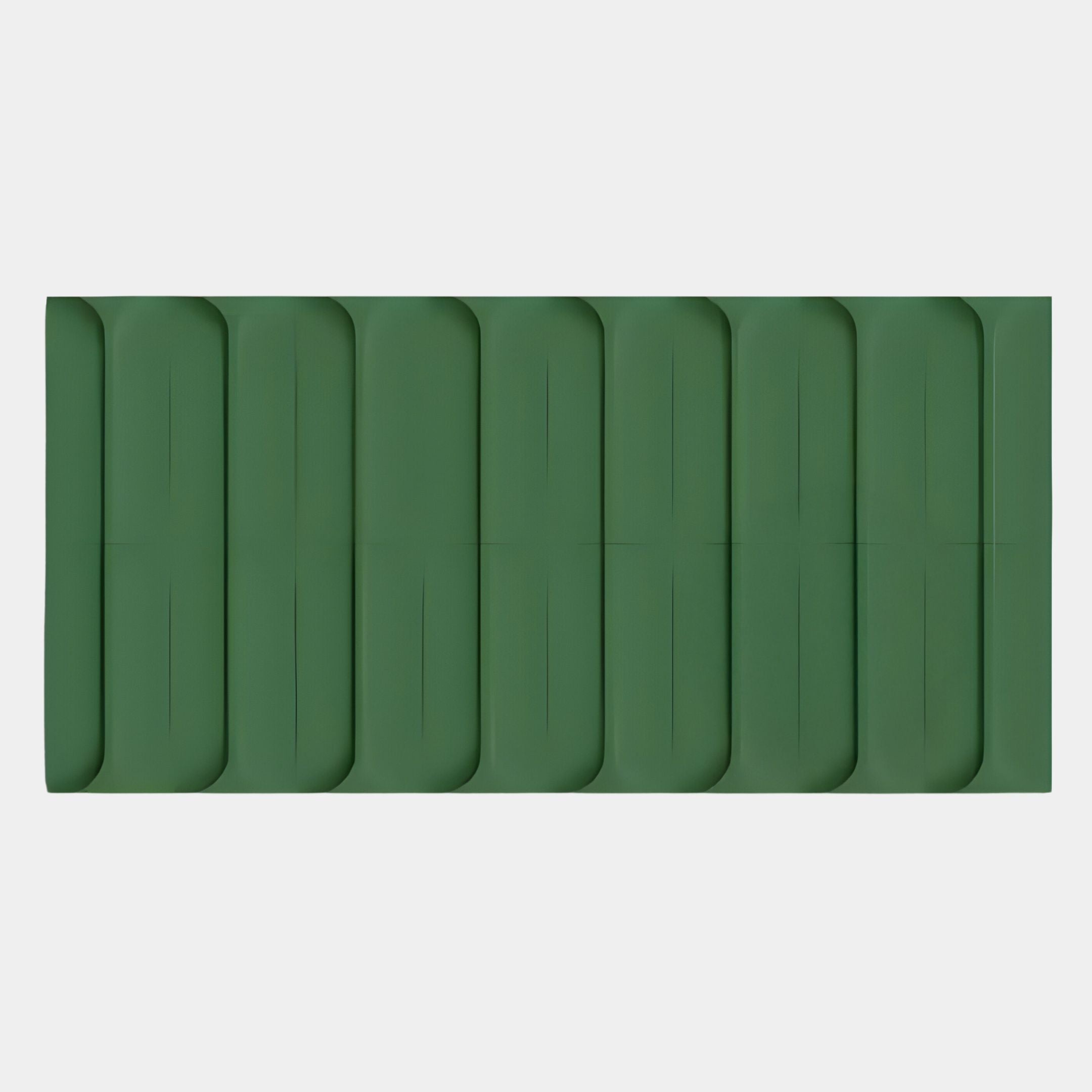 The Giant Sculptures Vireus Forest Green Rectangular 3D Wood Relief Wall Panel features a smooth surface with eight vertical, rounded sections—each with a central crease—creating a modern look against a light gray backdrop.