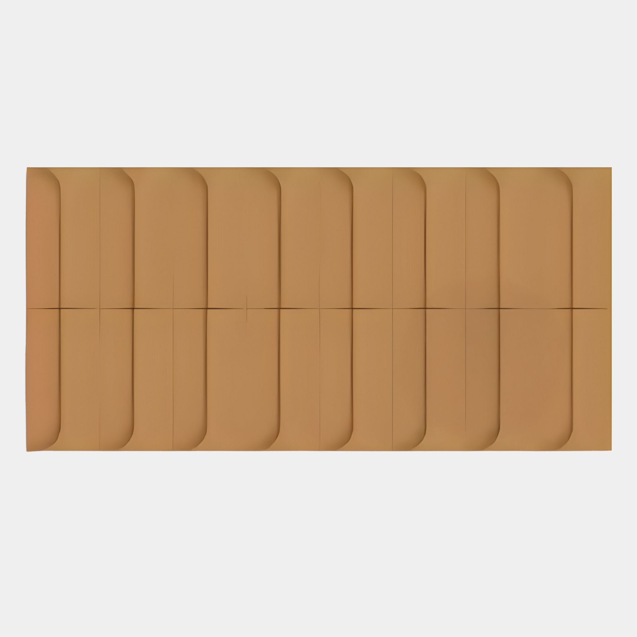 The Vireus Brown Rectangular 3D Wood Relief Wall Panel by Giant Sculptures features eight tan, rounded-edge panels with subtle geometric lines, creating a modern pattern on a white background.