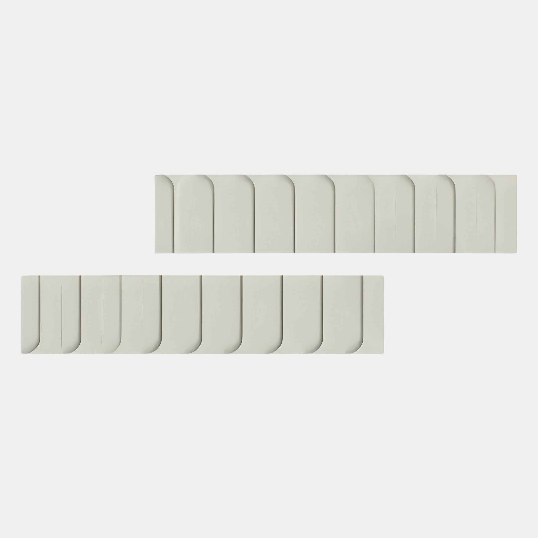 Two Vireus White Long Dual Panel 3D Wood Relief Wall Art pieces by Giant Sculptures feature rectangular light gray panels with multiple vertical rounded slots, offering minimalist modern wall decor against a plain white background.