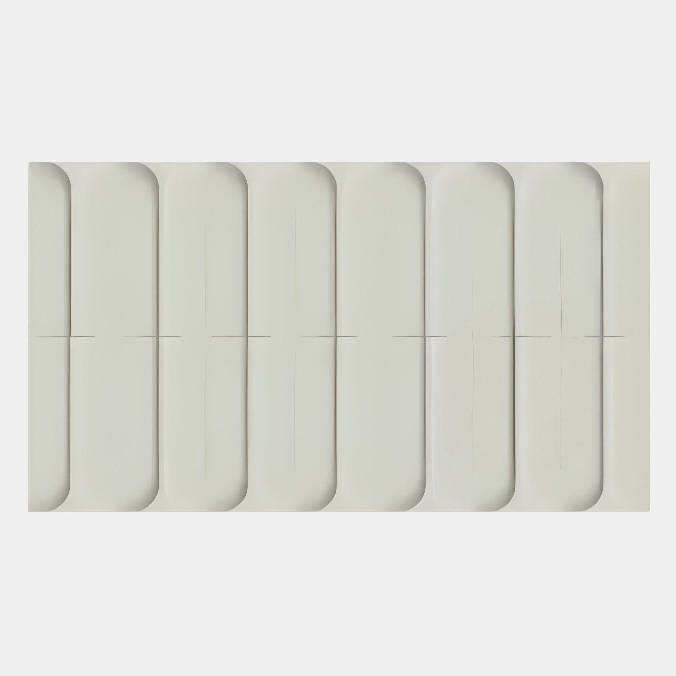 The Vireus White Short Dual Panel 3D Wood Relief Wall Art by Giant Sculptures features a minimalist rectangular design in light gray with repeating vertical, rounded rectangles and subtle indented lines, perfect for modern interiors.