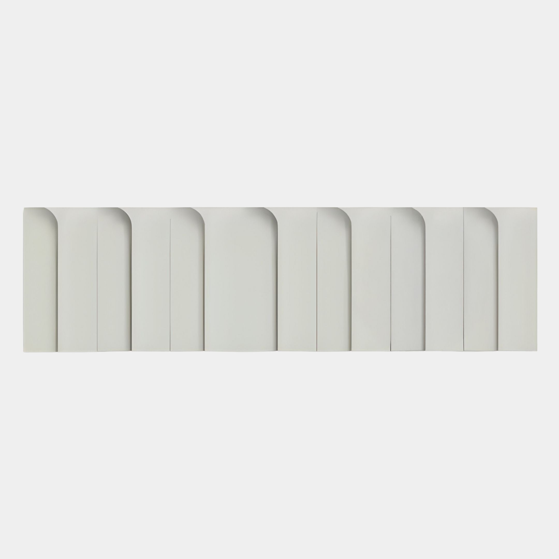 A row of nine identical Vireus White Single Panel 3D Wood Relief Wall Art pieces by Giant Sculptures is arranged vertically against a plain white background—ideal for minimalist, geometric interiors.