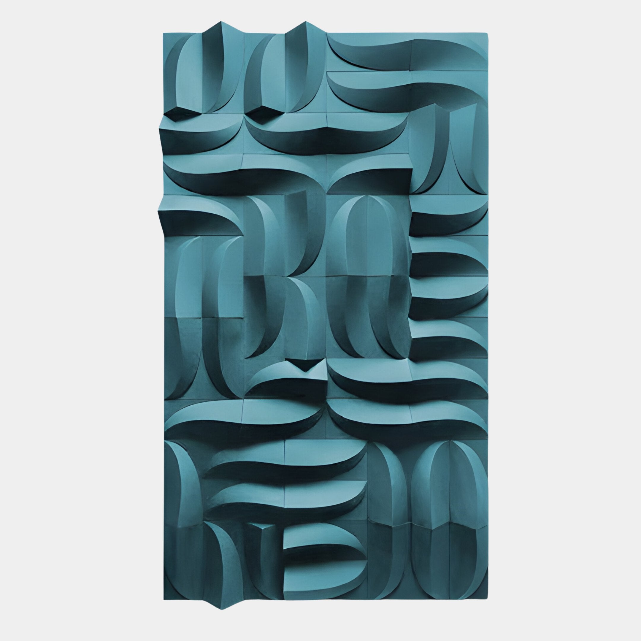 The Ombra Teal Blue Hand-Painted Sandstone 3D Wood Relief Wall Art by Giant Sculptures features a rectangular panel with teal, wave-like geometric patterns, creating an abstract sculptural effect for any space.