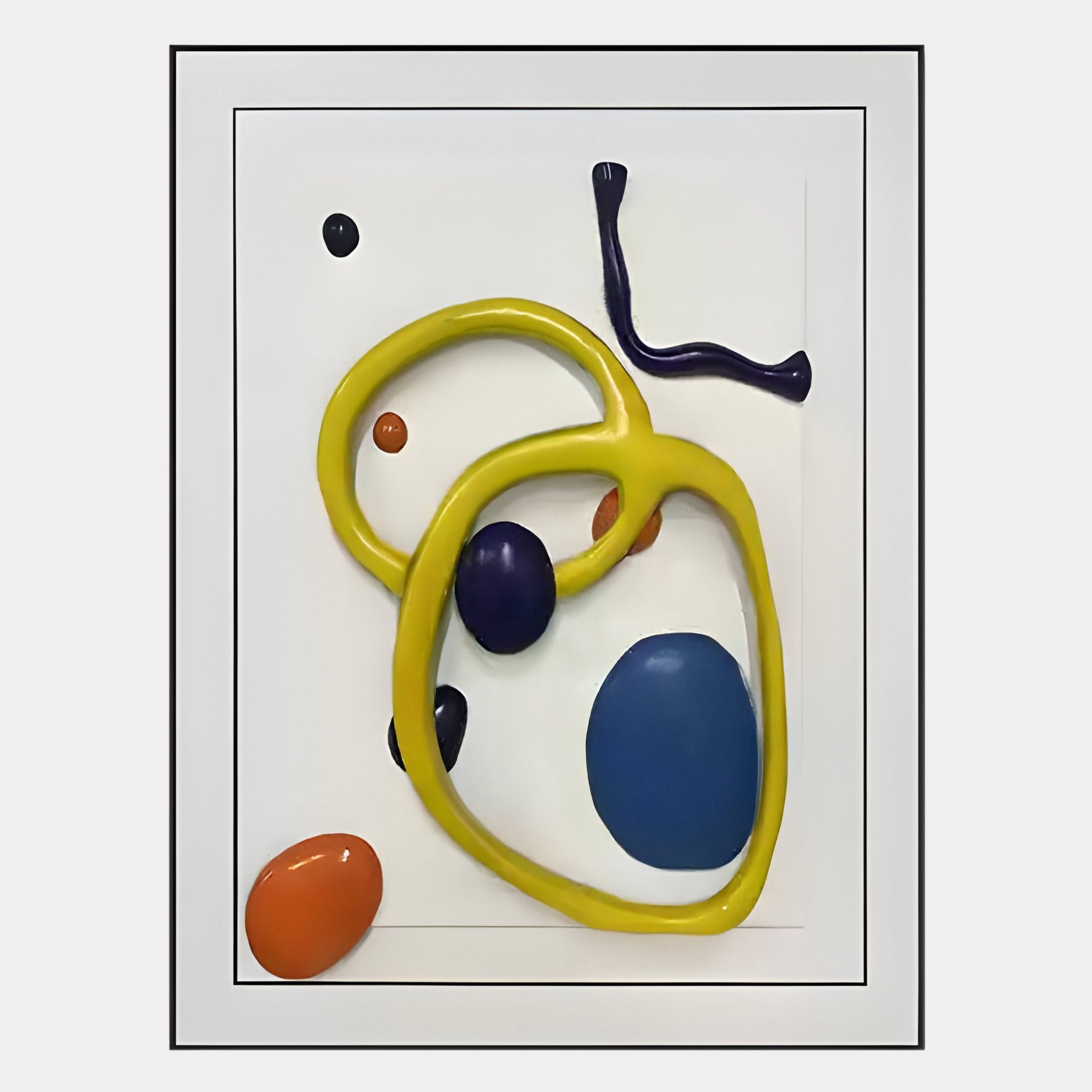 The Vitrus Yellow & Blue Abstract Wood Embossed 3D Wall Art by Giant Sculptures features glossy yellow, blue, orange, and black shapes on white with a double black line border, creating a modern raised effect.
