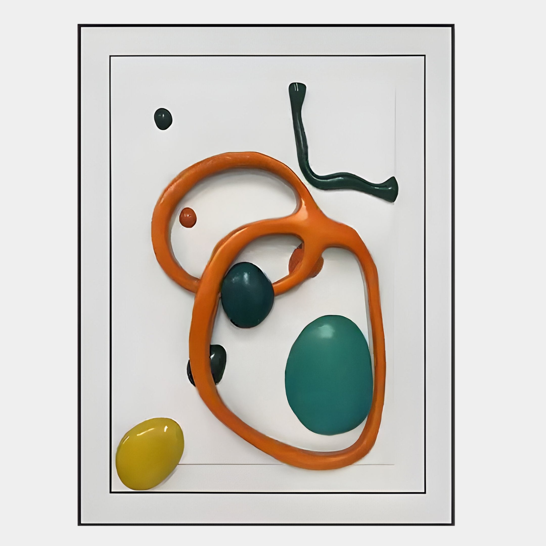 The Vitrus Orange & Green Abstract Wood Embossed 3D Wall Art by Giant Sculptures features bold raised shapes—orange loops, teal and yellow ovals, green squiggles, and dots on white—in a black frame for a textured contemporary look.