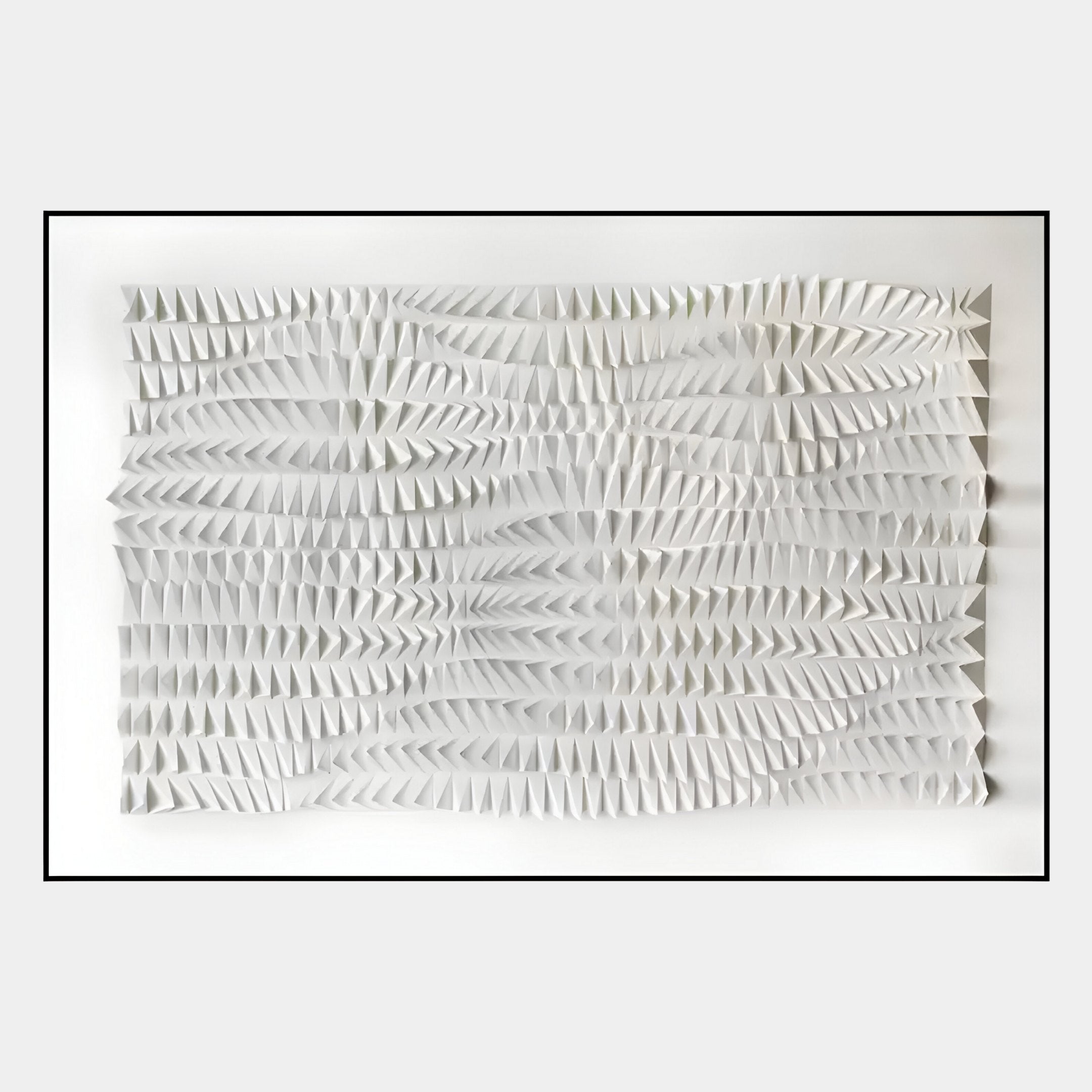 The Elytrum White Hand-Painted Wood Relief 3D Wall Art by Giant Sculptures features rows of small, white, pyramid-like shapes in a wavy pattern, creating modern sophistication and a striking three-dimensional effect for your space.