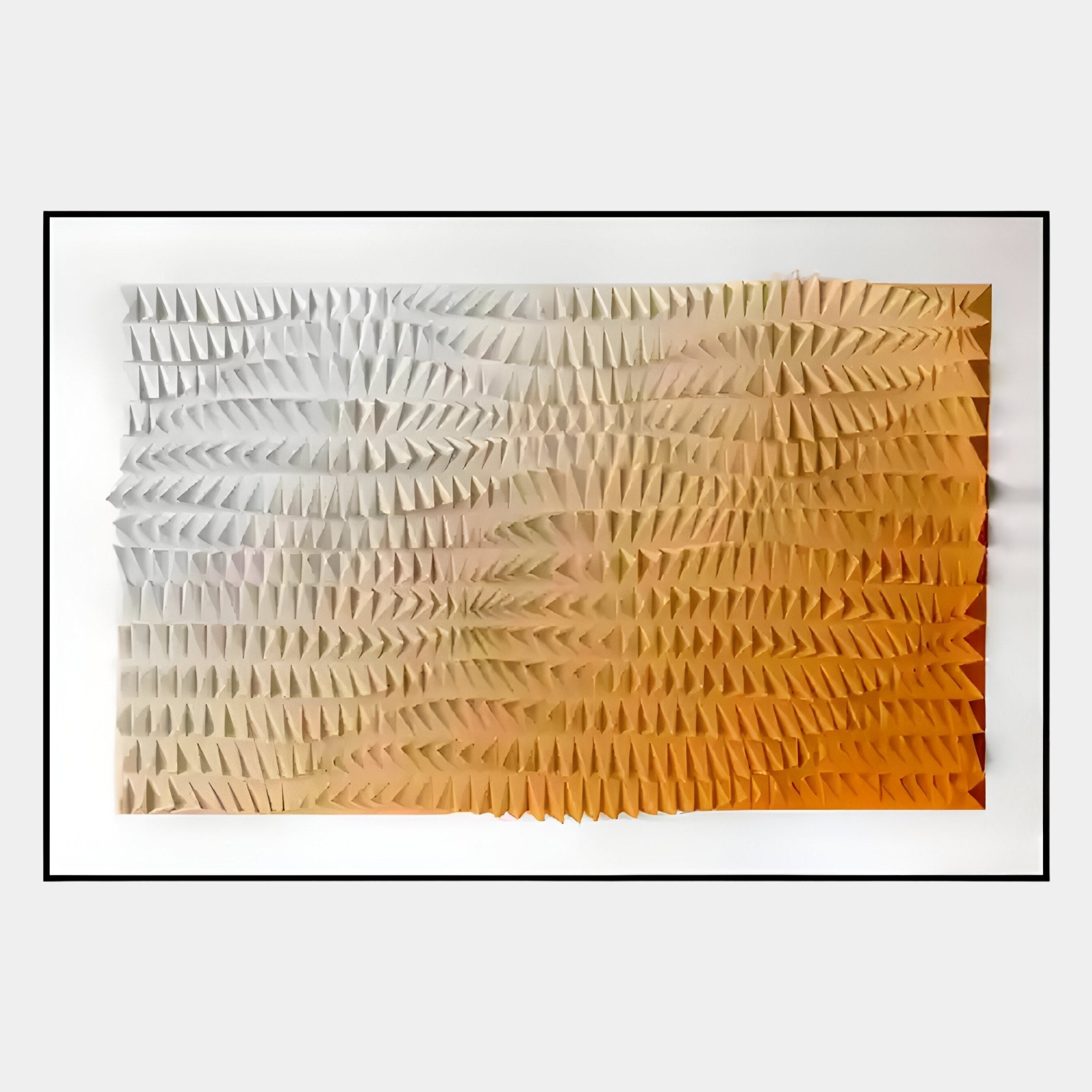 The Elytrum Orange Gradient Hand-Painted Wood Relief 3D Wall Art by Giant Sculptures features small raised triangles with a gradient from light gray to warm orange on a white background.