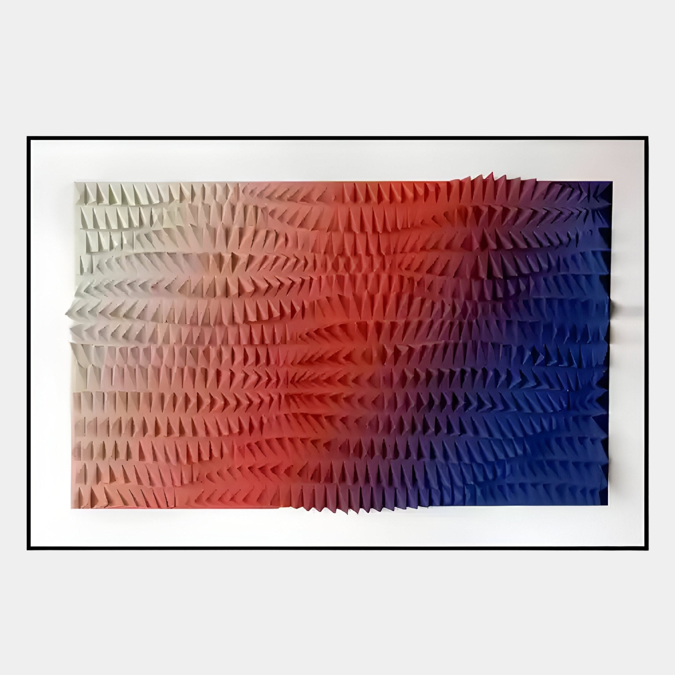 Elytrum Red & Blue Gradient Hand-Painted Wood Relief 3D Wall Art by Giant Sculptures features a striking grid of 3D triangular spikes and dynamic color transitions—perfect as textured, eye-catching wall art for any space.