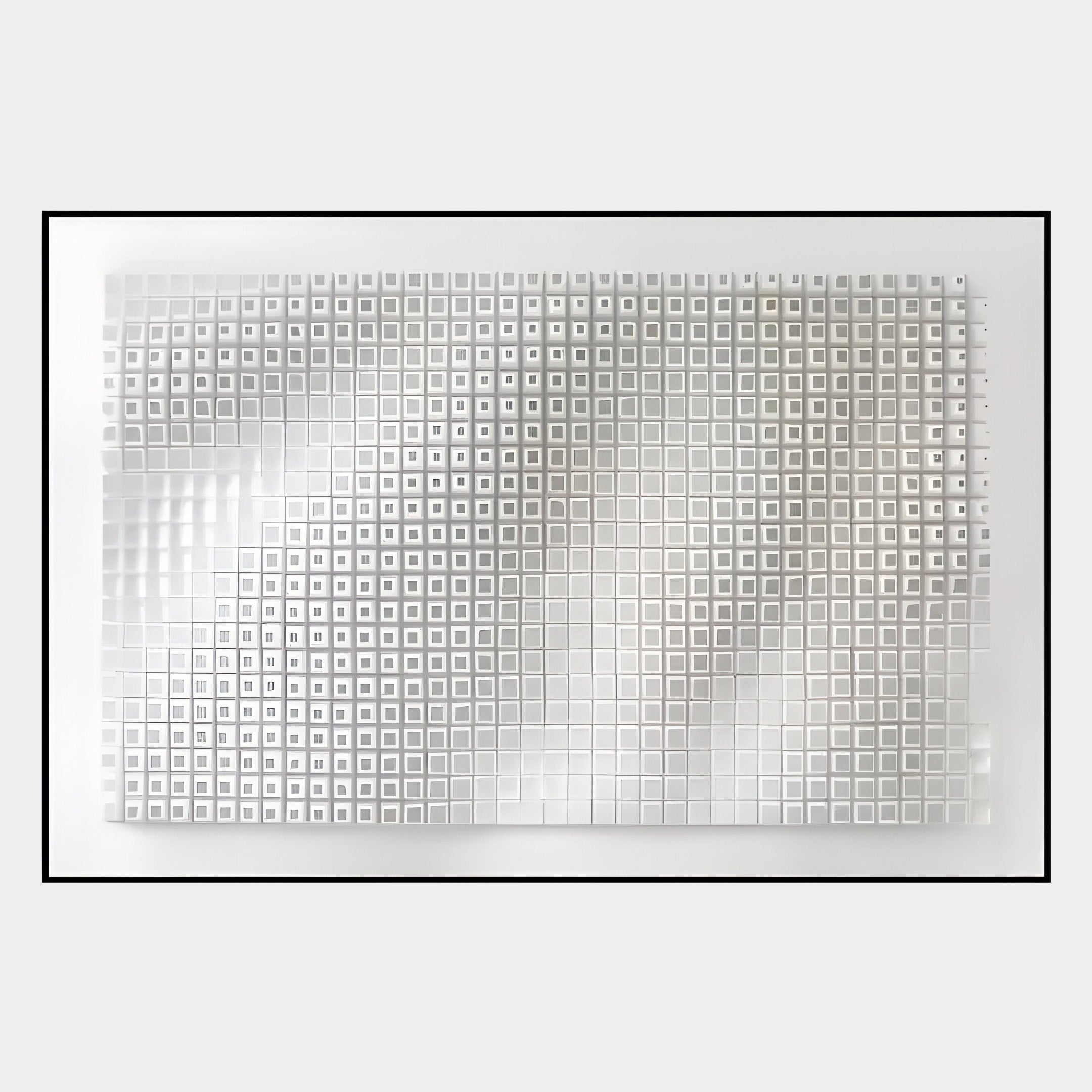 The Elytrum White Grid Hand-Painted Wood Relief 3D Wall Art by Giant Sculptures features a textured grid of raised white squares on a white background, with subtle shadows for depth—an elegant modern accent for any space.