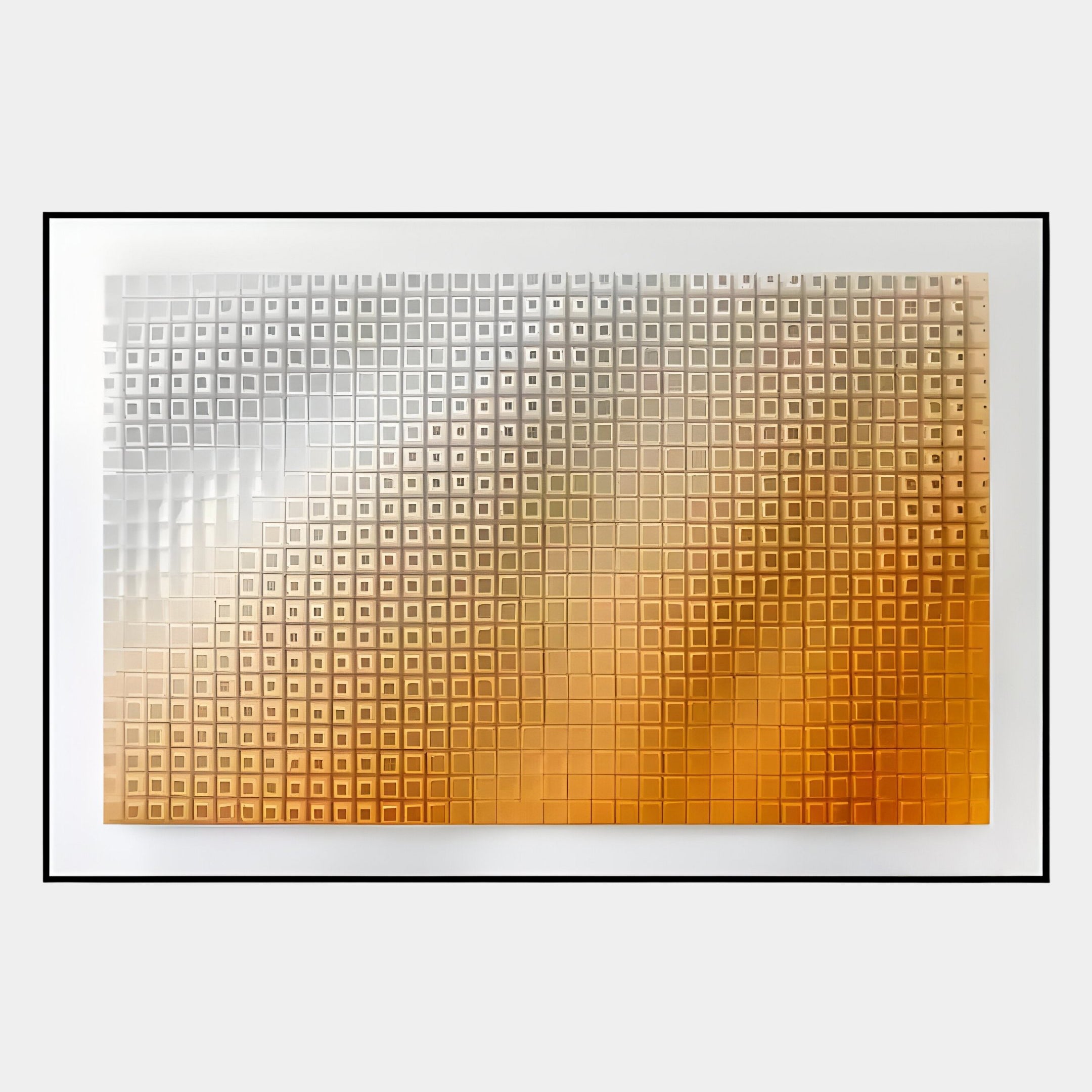 The Elytrum Orange Grid Gradient Hand-Painted Wood Relief 3D Wall Art by Giant Sculptures features a grid of raised metallic squares in silver, gold, and orange hues on a light background, framed in black for a bold accent.